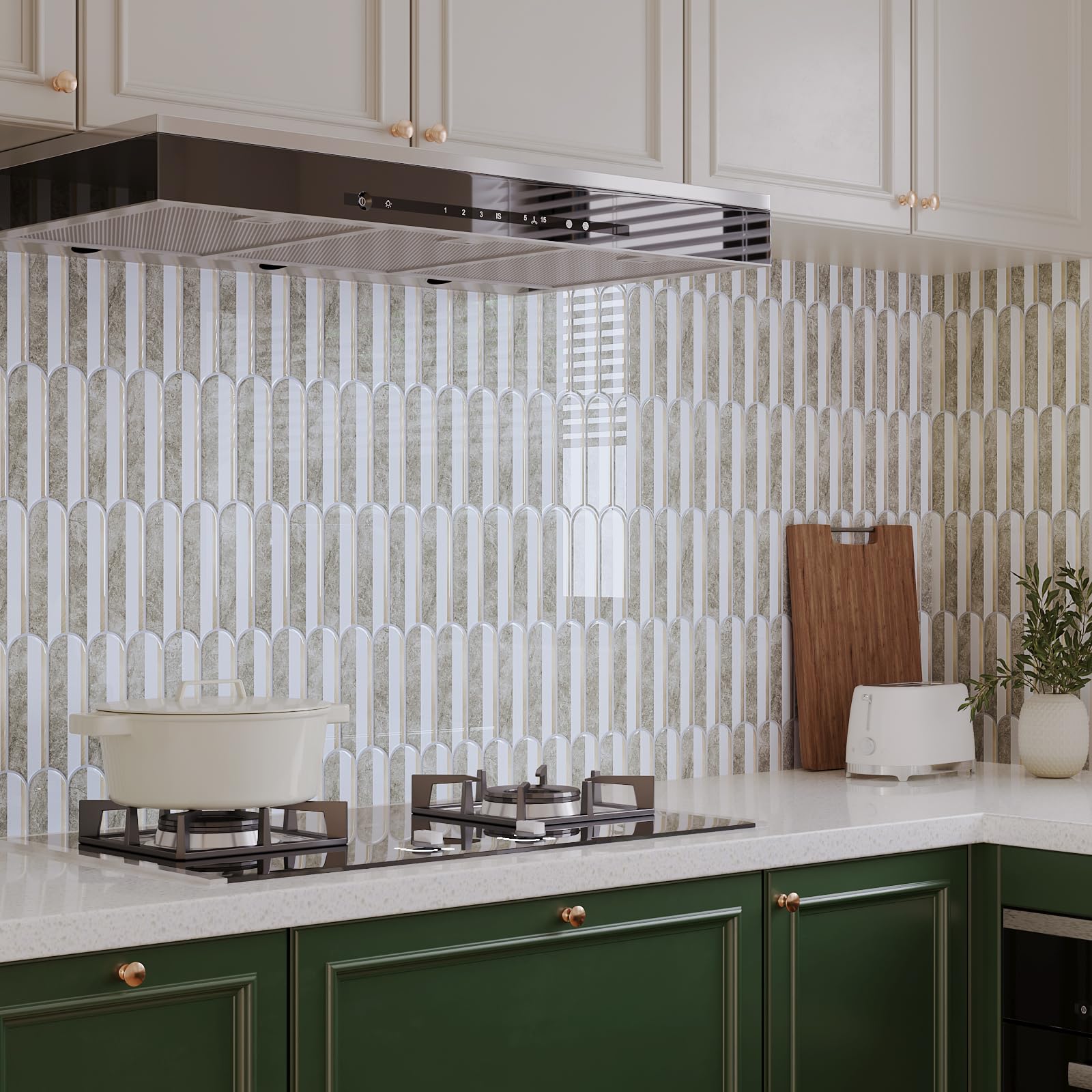 Lukvuzo  Peel and Stick Kitchen Backsplash Tile Pack Long Fish Scale Design Brown Marble White Gold Waterproof Self Adhesive Vinyl Wall Tiles