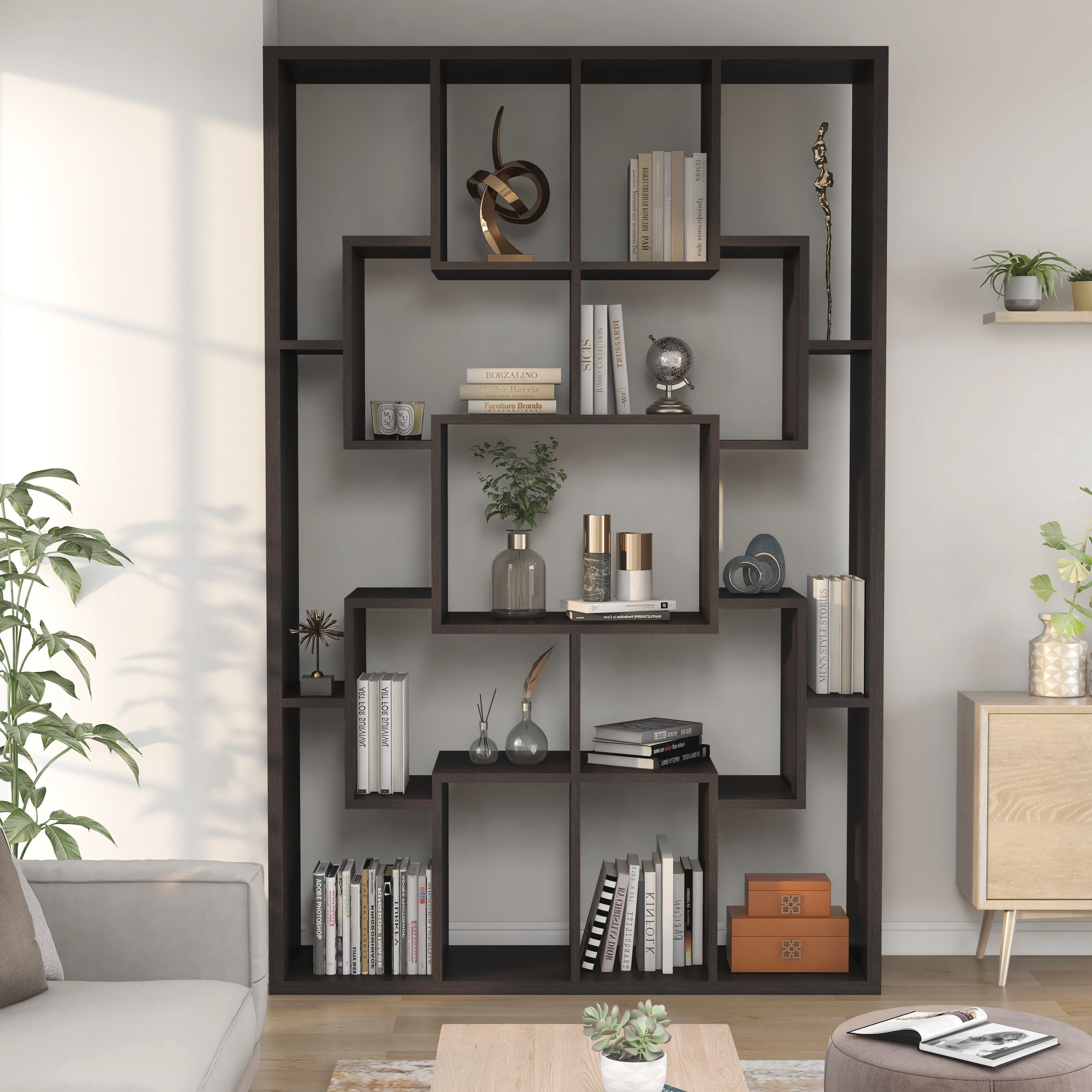 Furniture of America HFW-1503C4 Declo Walnut 15-Shelf Bookcase (46.4-in W x 71.2-in H x 11.8-in D)