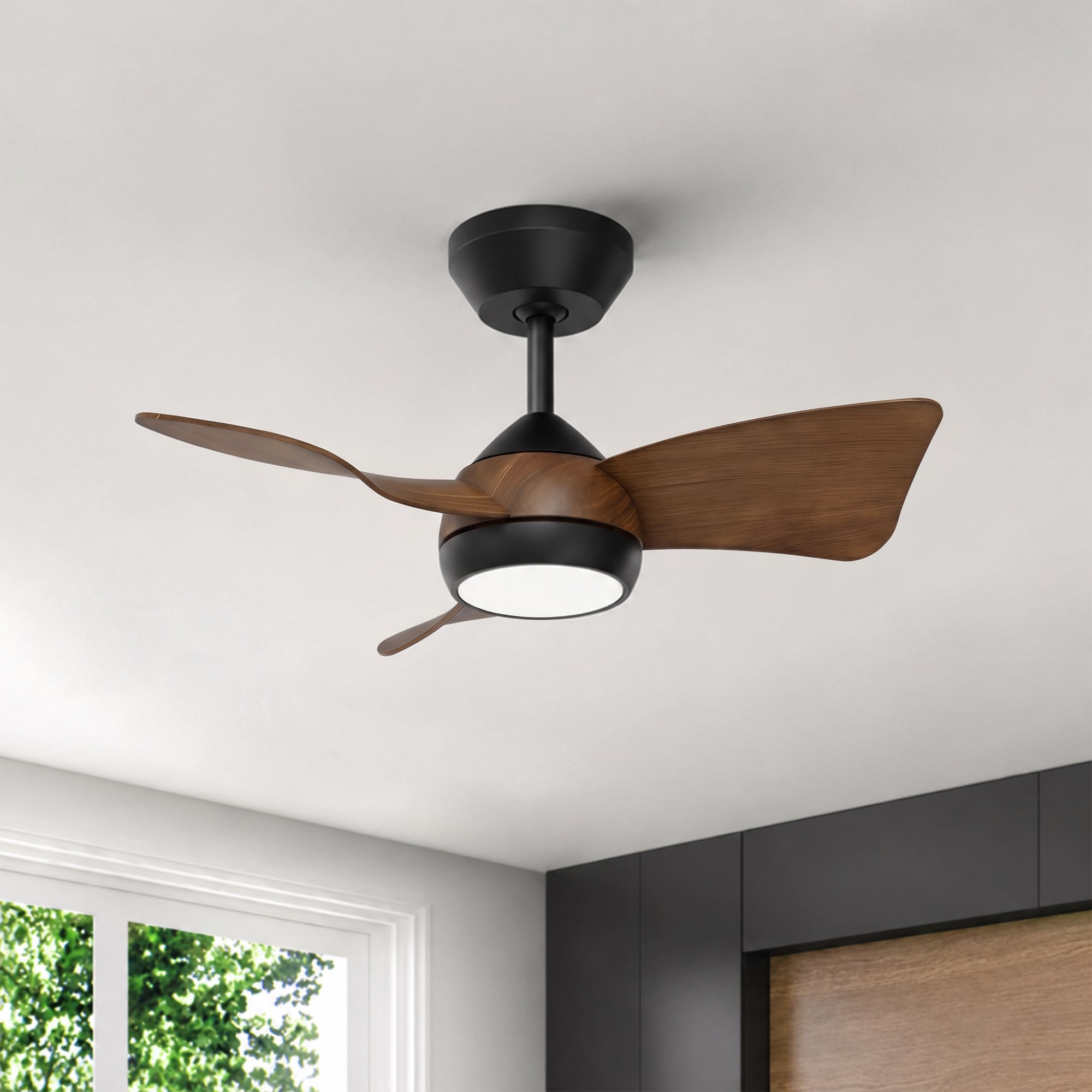 GreenEver 30 Inch Matte Black with Dark Wood Grain Blades Ceiling Fan with Light Remote Control Energy Efficient Quiet Reversible DC Motor 3CCT Dimmable Memory LED by GRANDJOY