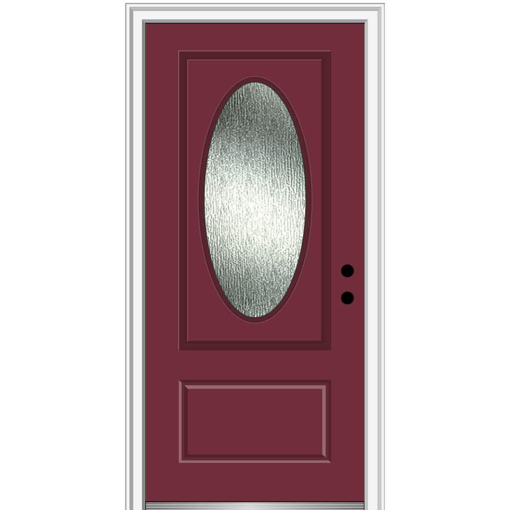 MMI DOOR ZZ367893L Rainglass 36-in x 80-in Fiberglass Oval Lite Left-Hand Inswing Burgundy Painted Prehung Front Door with Brickmould Solid Core