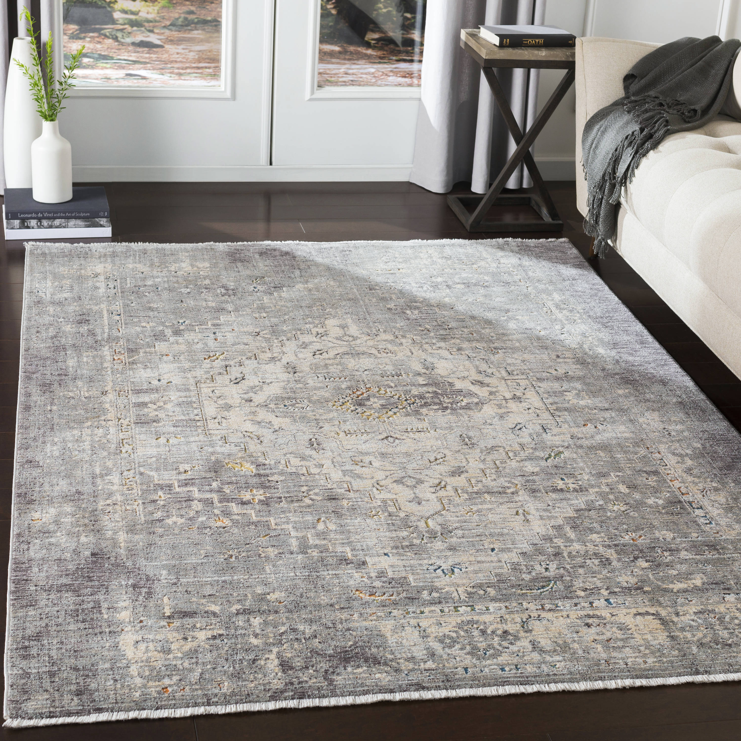 Elegant Gray Rectangular Easy-Care Synthetic Rug