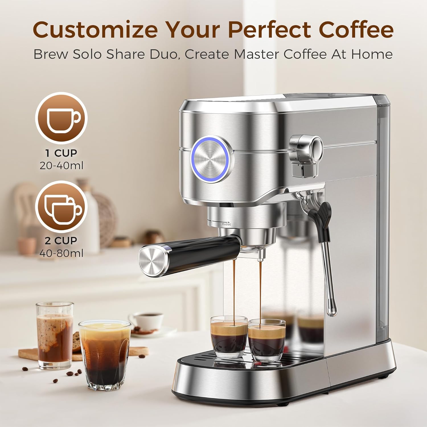 R.W.FLAME 20 Bar Espresso Machine with Milk Frother Compact