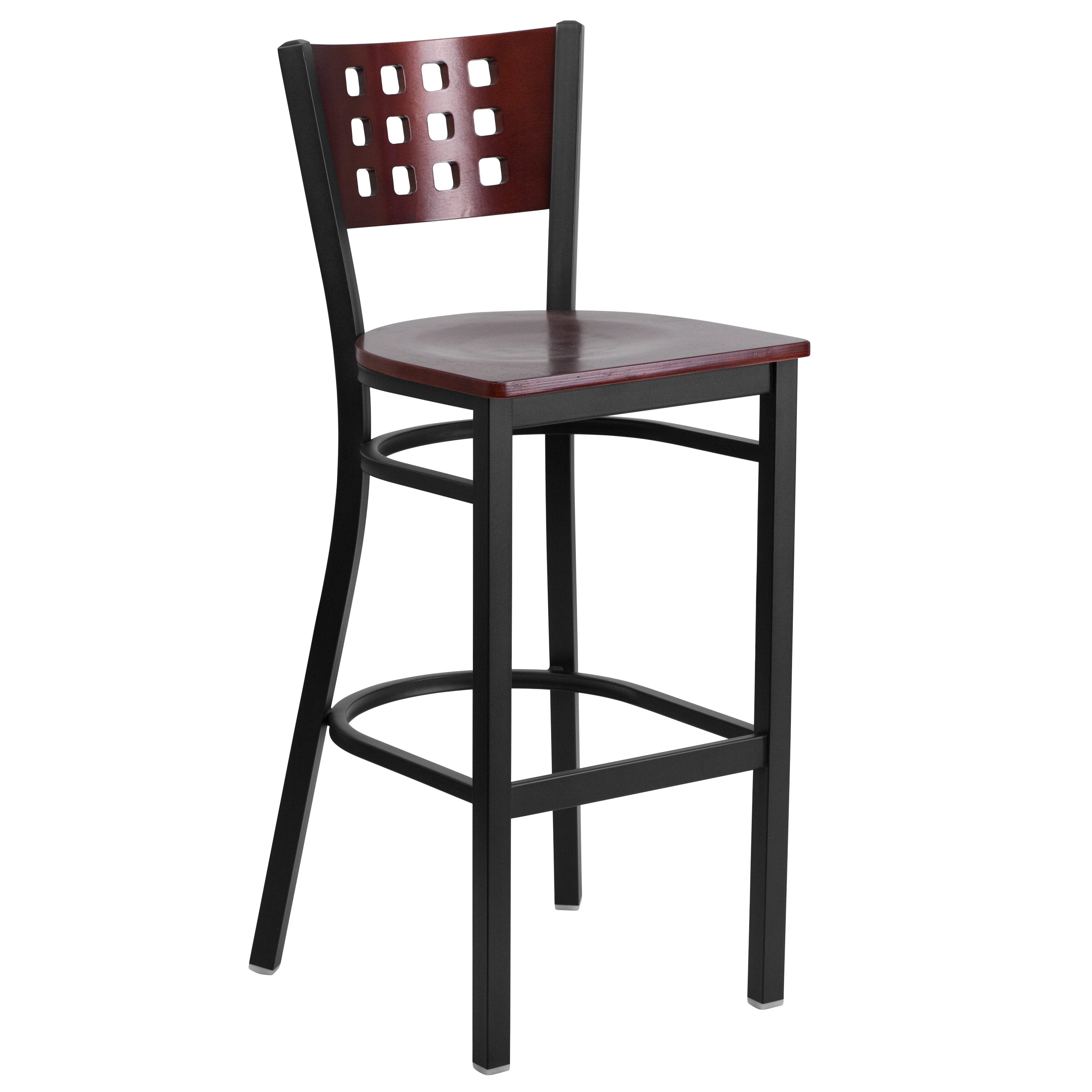 Flash Furniture 847254084253 Mahogany Wood Back/Mahogany Wood Seat/Black Metal Frame 29.75-Inches H Bar height Square seat Metal Bar Stool and Back