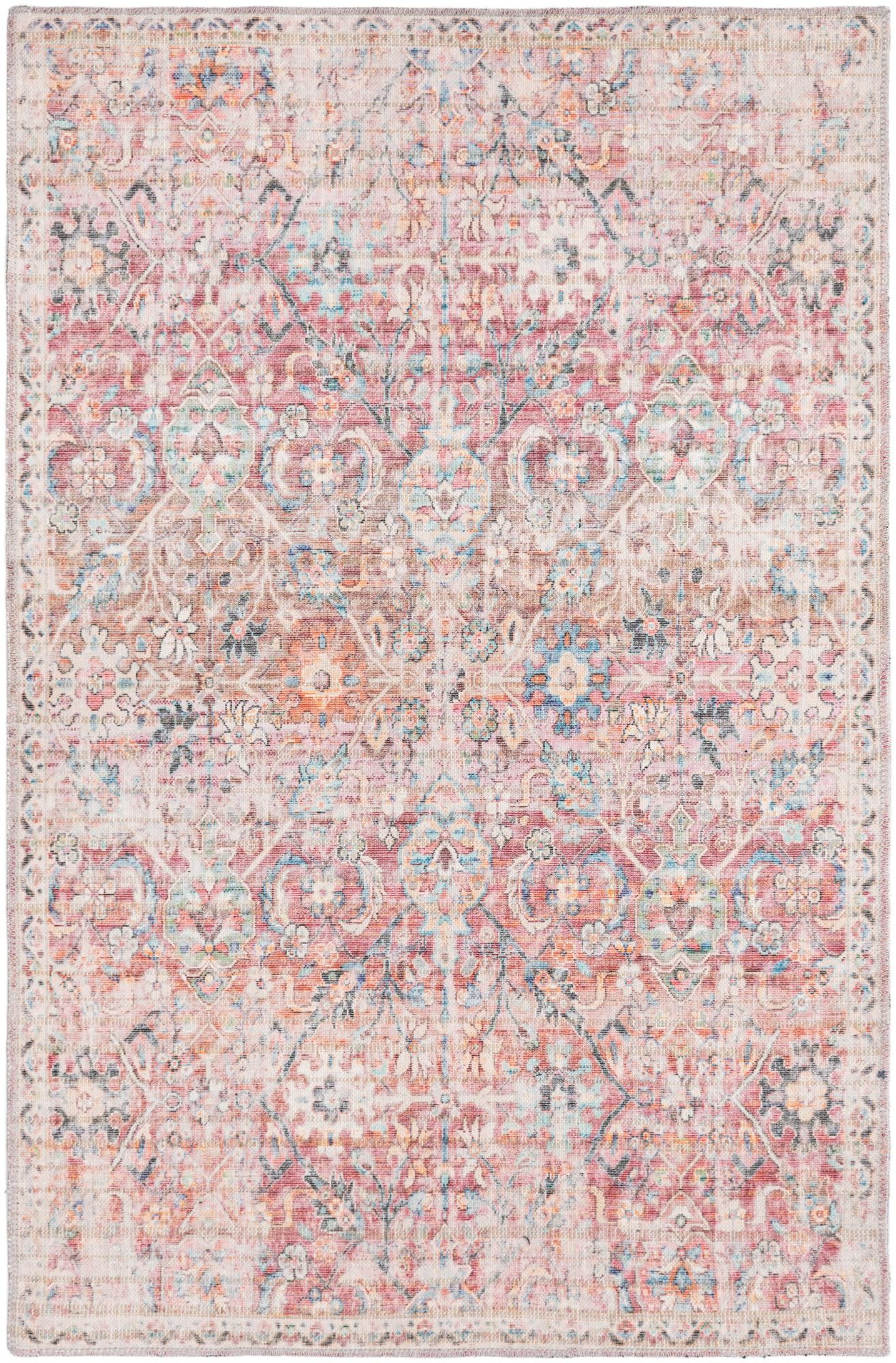 Ivory and Pink Flat Woven Washable Synthetic Area Rug 4' x 6'