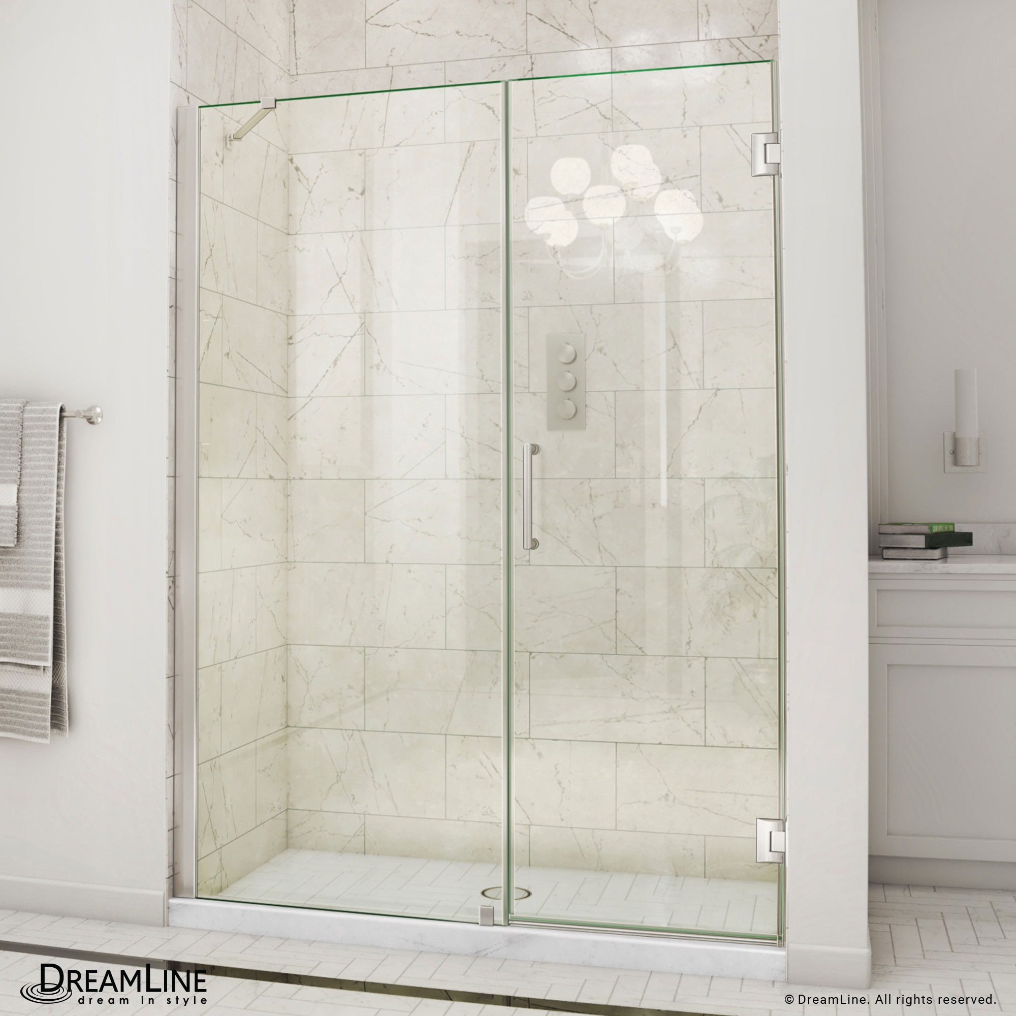 DreamLine Unidoor Brushed Nickel 57-in to 58-in W x 72-in H Frameless Clear Glass Hinged Shower door