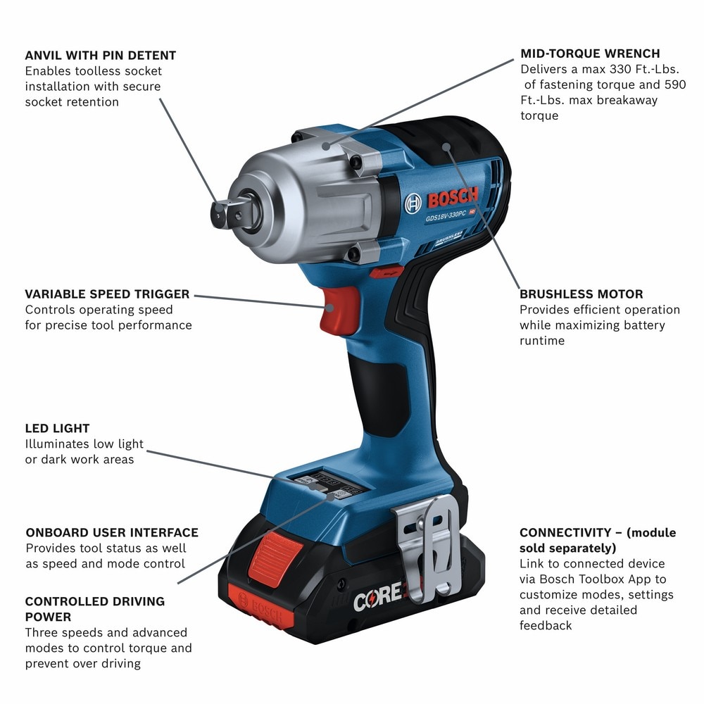 Bosch 4-Amp 18-volt Variable Brushless 1/2-in square Drive Cordless Impact Wrench (2 Batteries) GDS18V-330PCB25 Sansujyuku sansujyuku.com