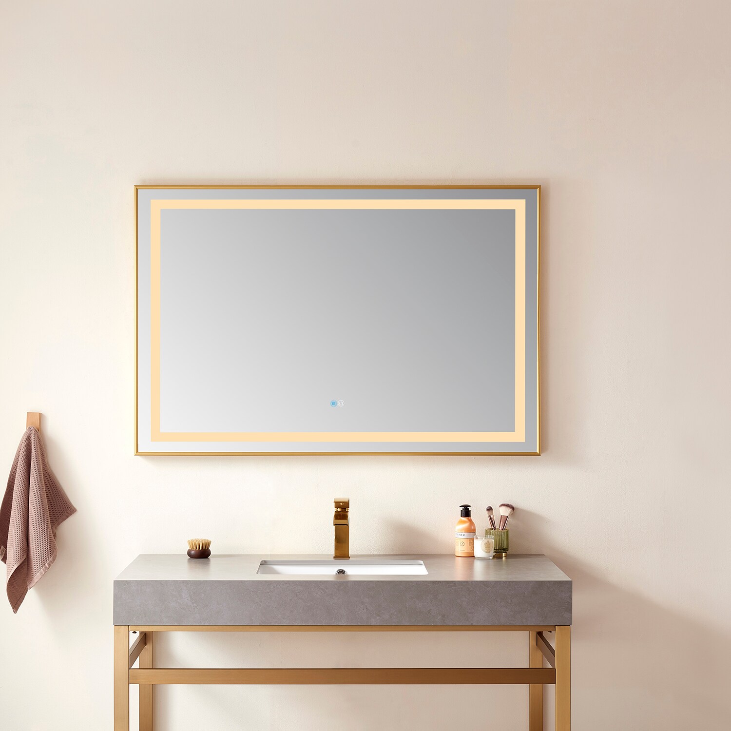 Vinnova 802536-LED-BG 36-in x 32-in Framed Rectangle Dimmable LED Lighted Fog Free Bathroom Vanity Mirror ( Gold )