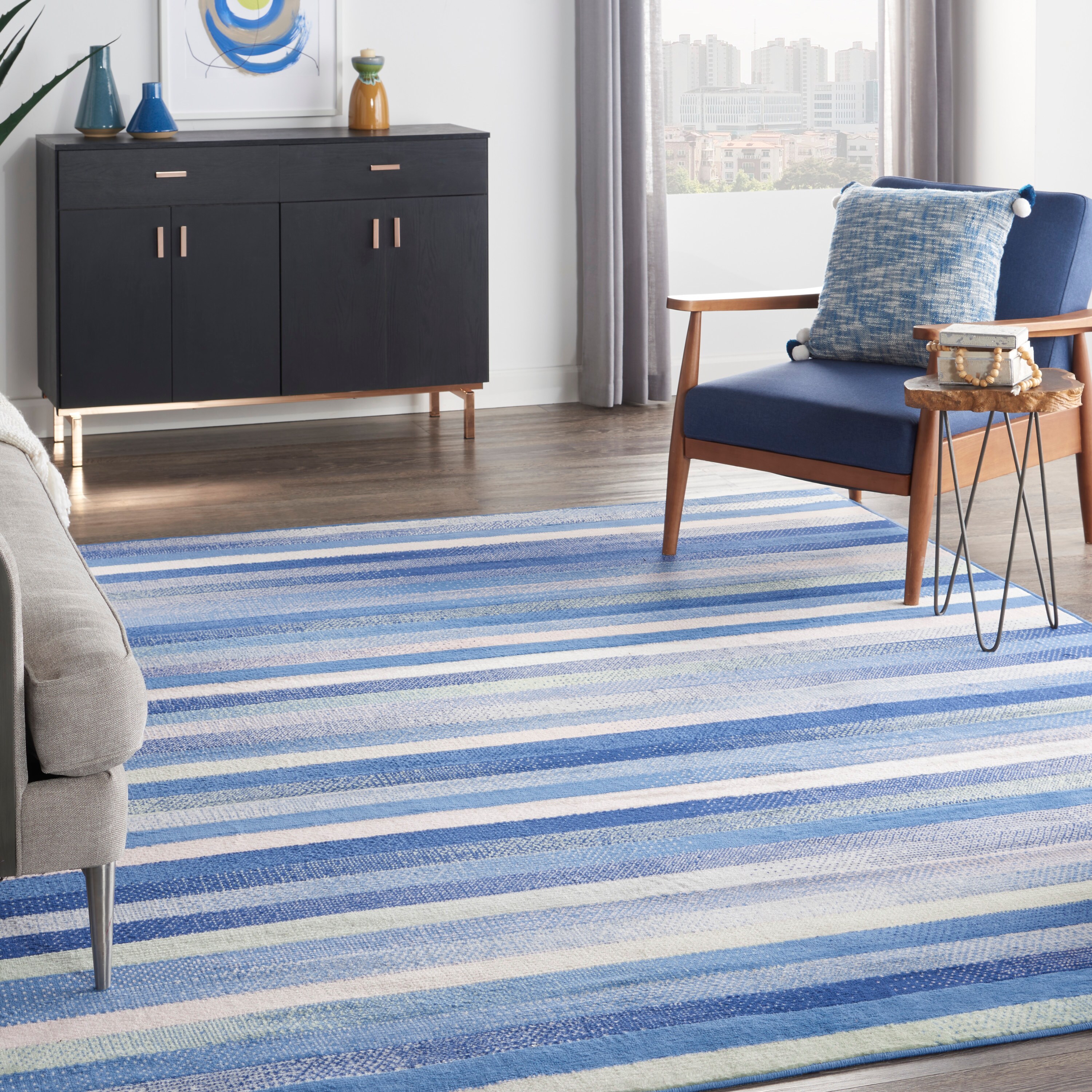 Nourison 99446833990 Whimsicle 8 x 12 (ft) Loomed Polypropylene Blue Multicolor Rectangular Indoor Stripe Area rug