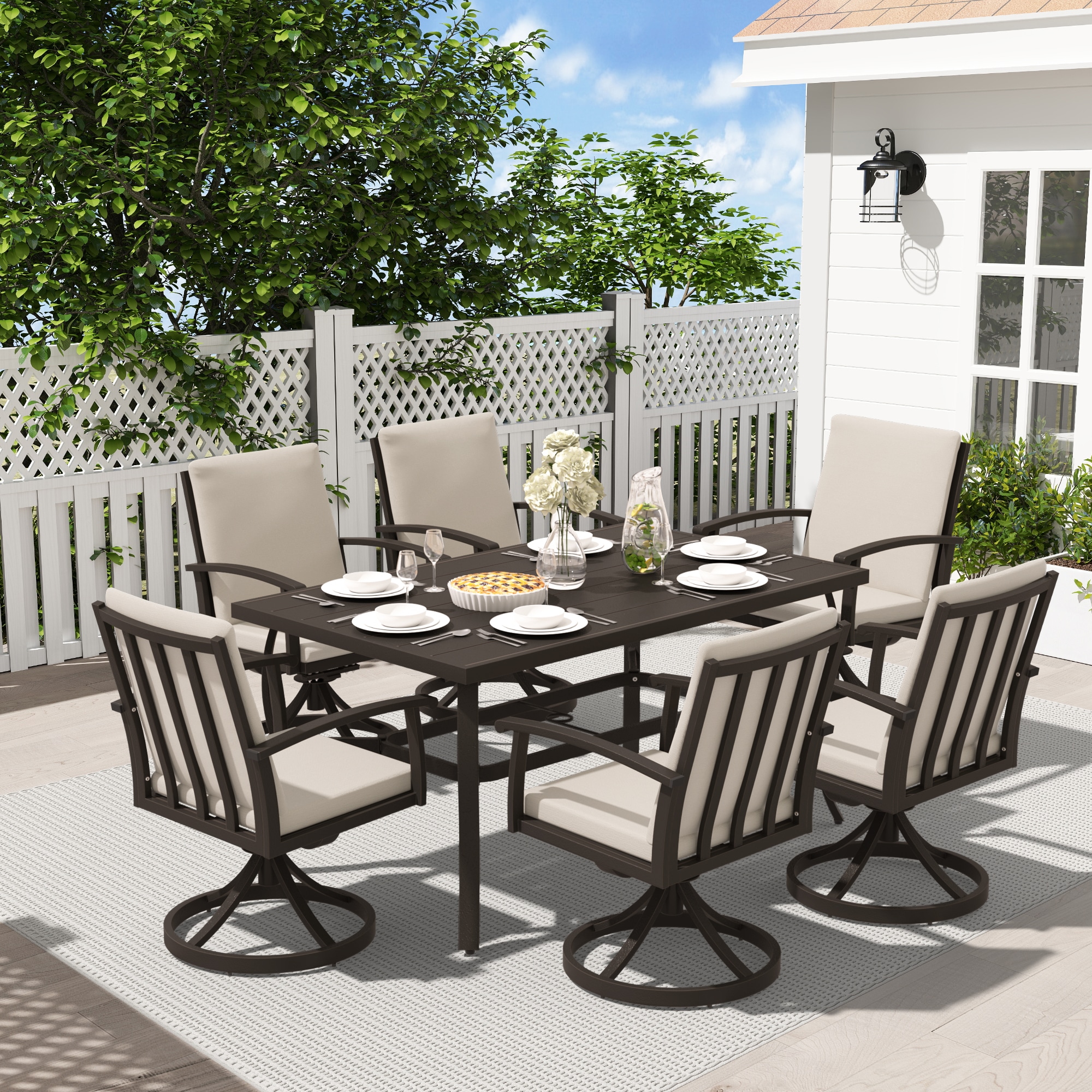  EL-CZ7-HM-A2-WL3 7 -Piece Black Patio Dining Set Aluminum Rectangle Table with 6 Gray Cushions Swivel Chairs