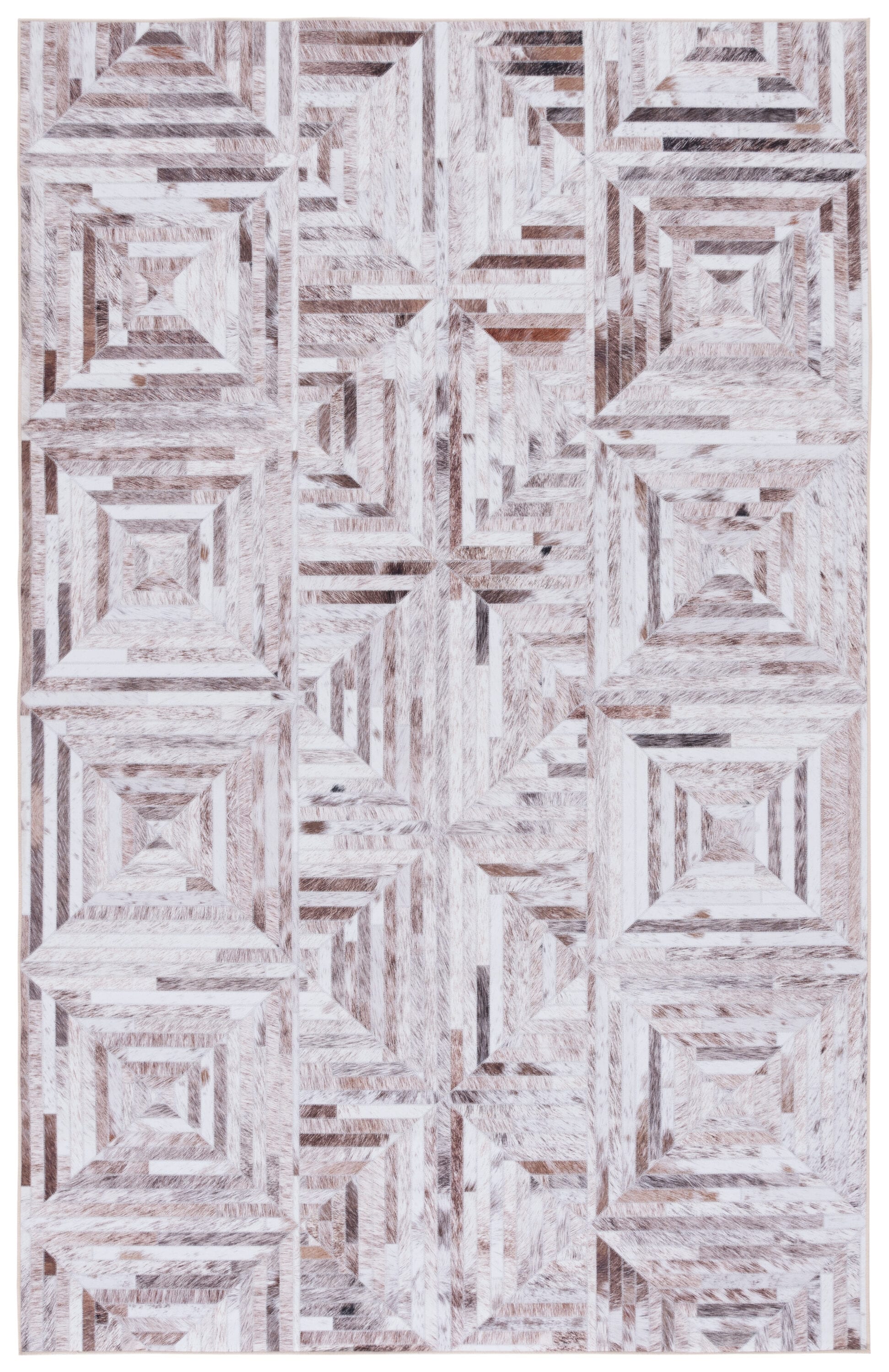 Beige and Brown Geometric Faux Fur 9' x 12' Rug