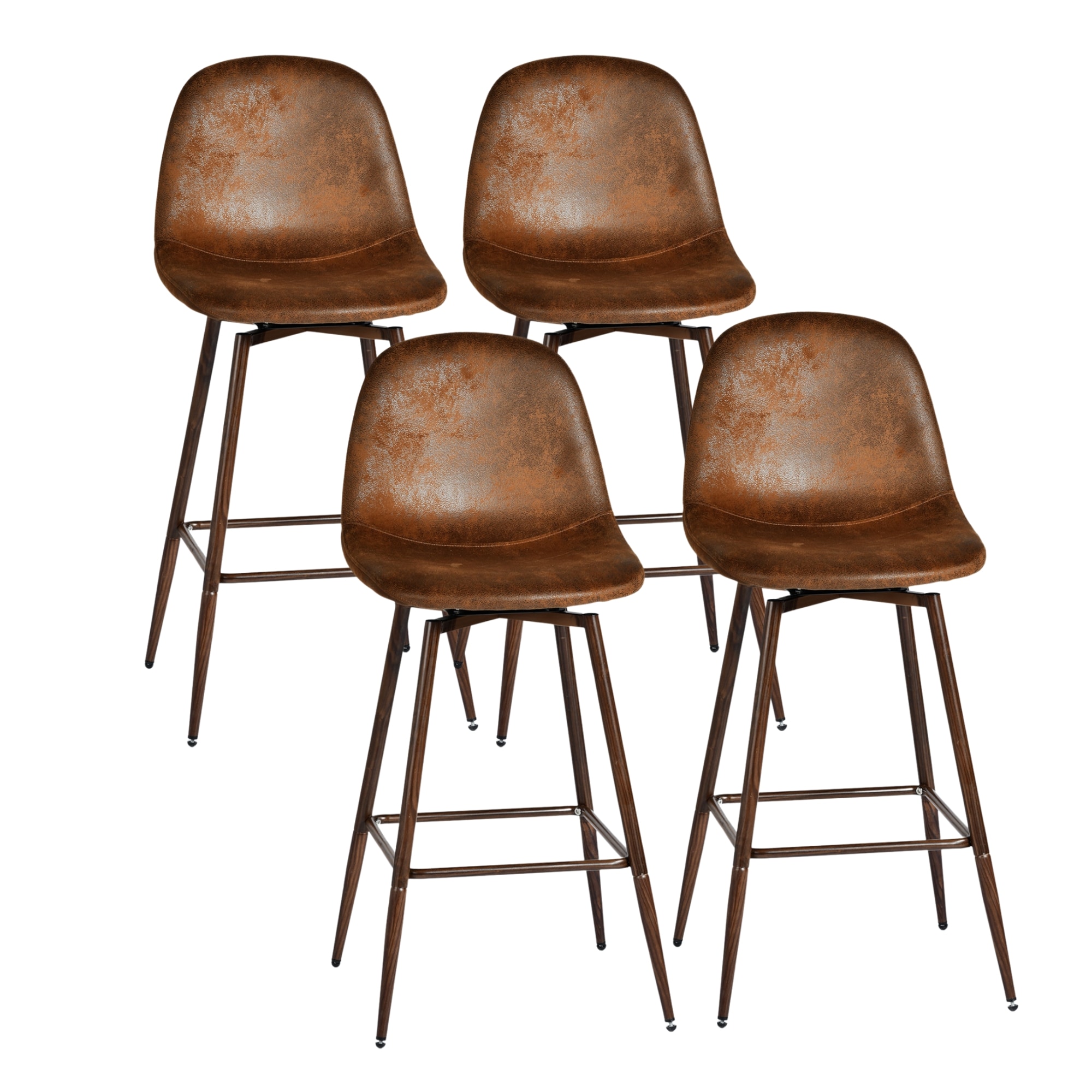 Homy Casa CHARLTON BAR BW4 Cognac Suede 26 in. Counter Height Swivel Bar Stool with Walnut Metal Legs and Curved Seat (Set of 4)