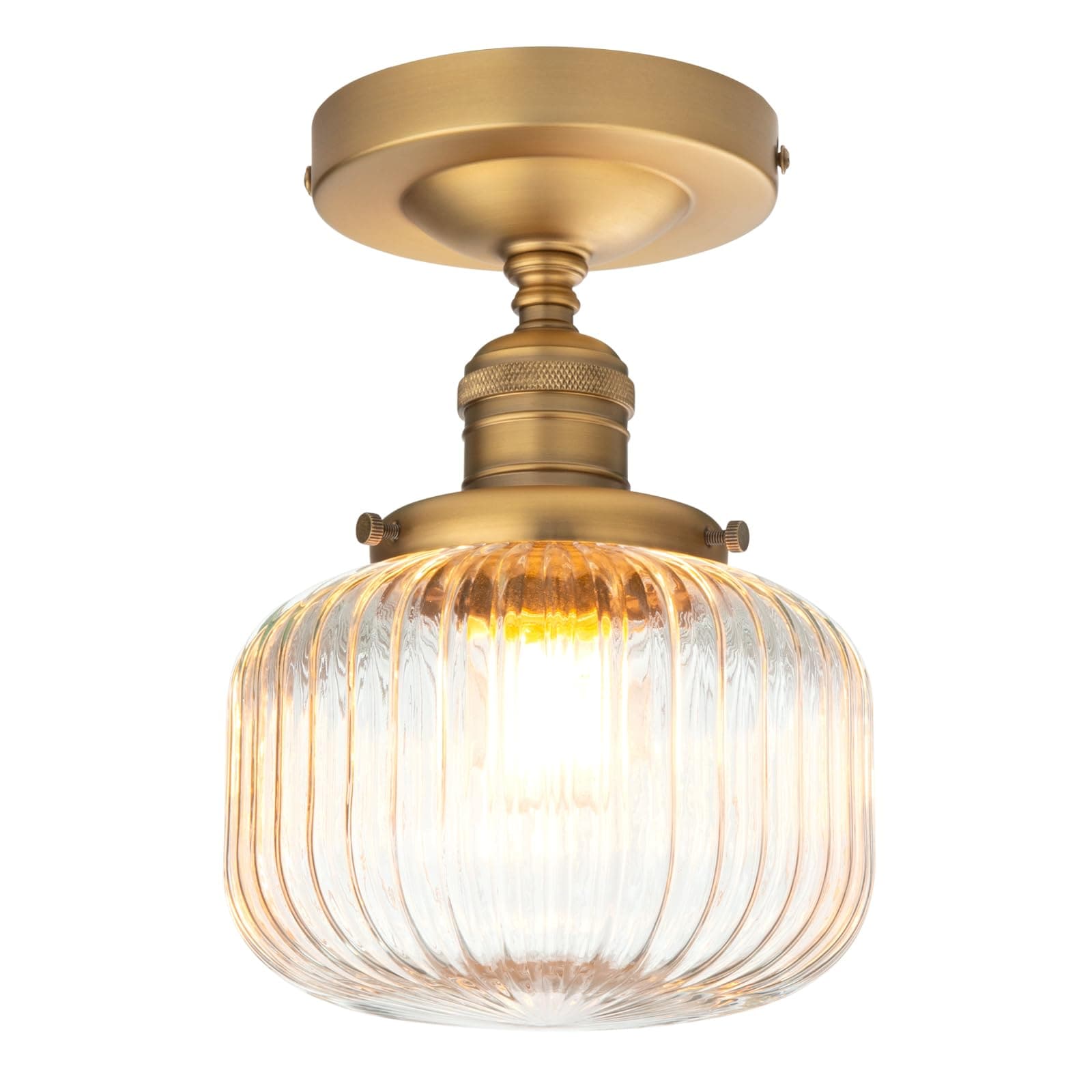 Oyezvary  Modern Small Semi Flush Mount Ceiling Light with Flat Ribbed Glass Lampshade in Antique Gold Finish durable home and garden accessory