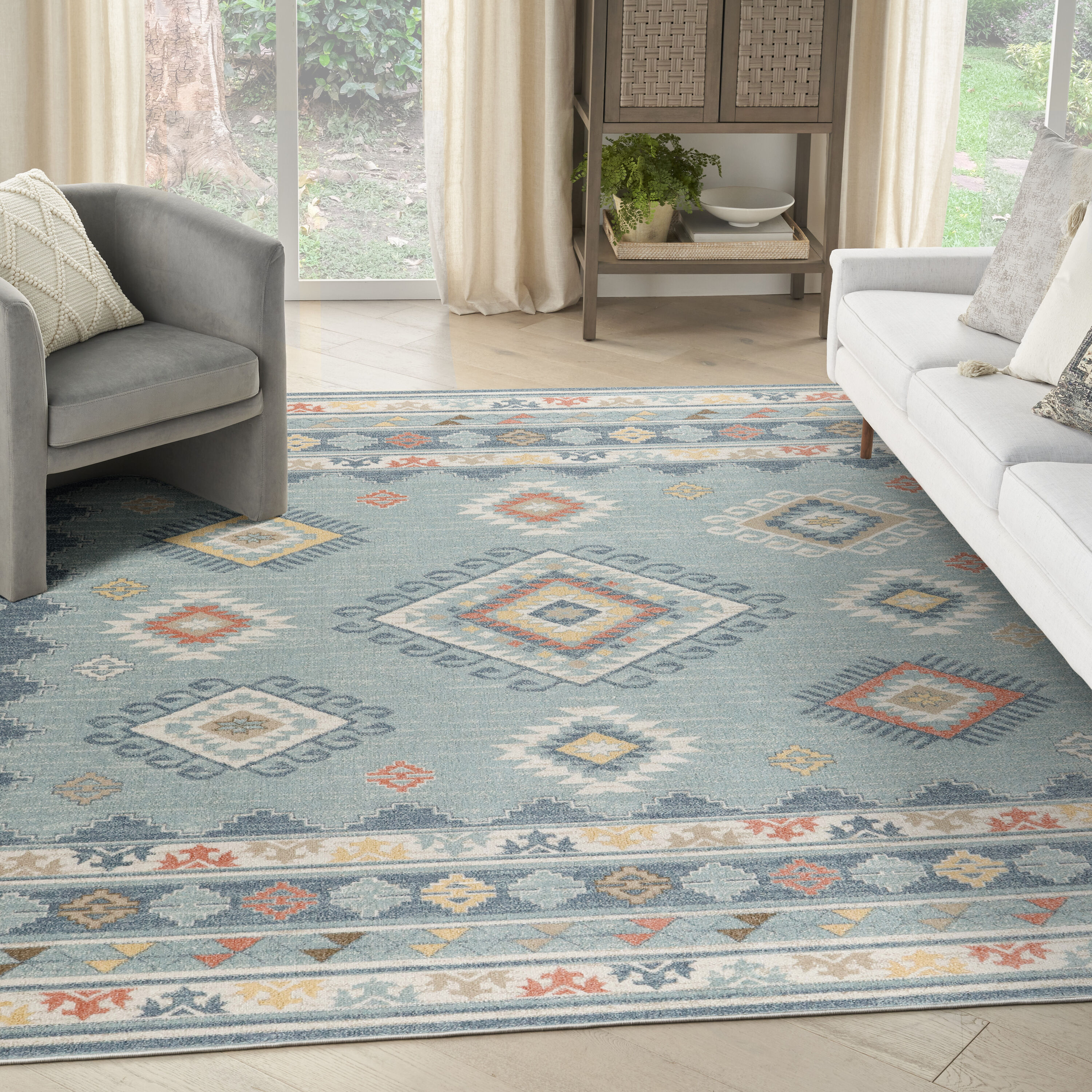 Nourison Home 099446974792 Washable Decor 8 x 10 (ft) Loomed Light Blue Rectangular Indoor Geometric Machine washable Area rug