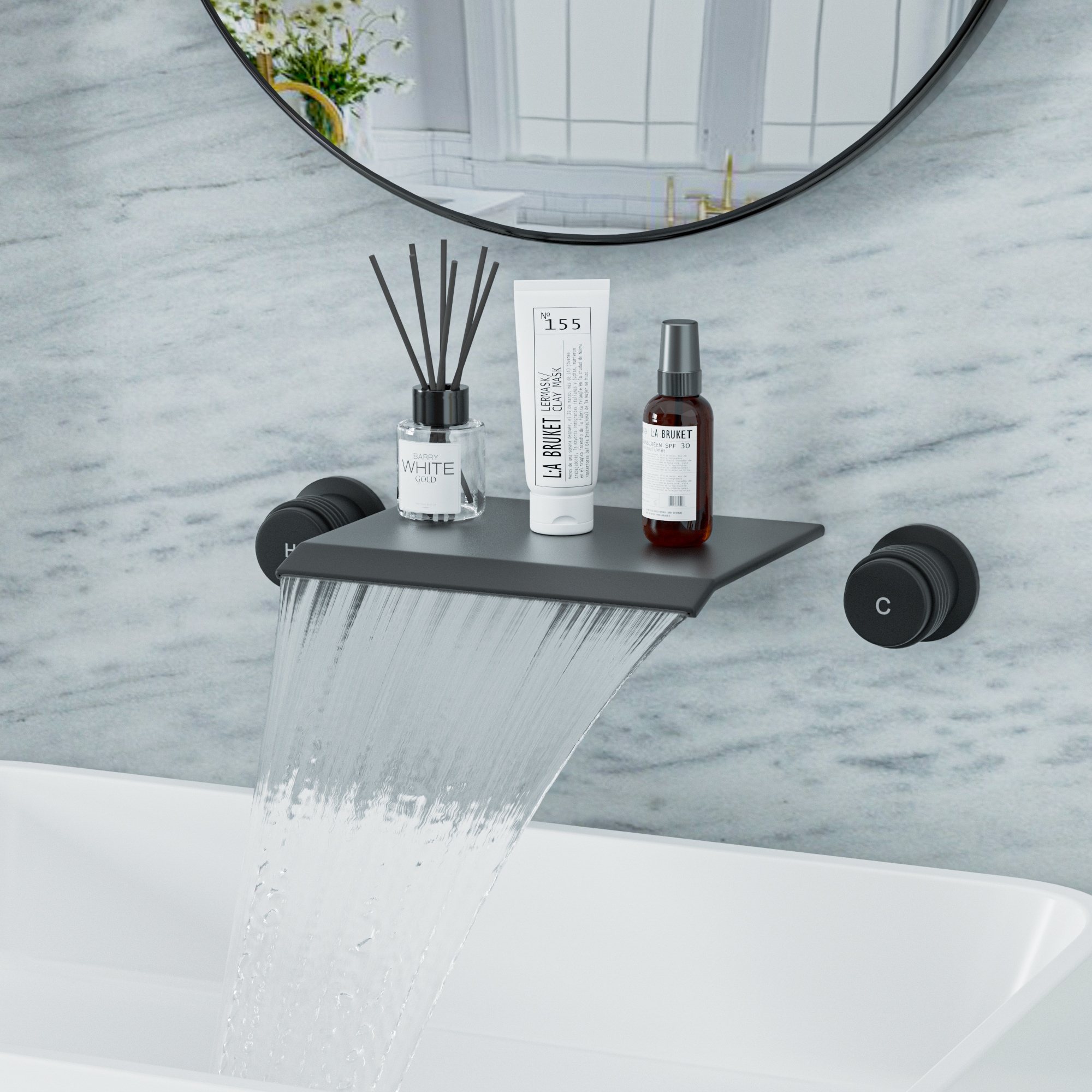 Clihome RCH-BAF68G Matte Black Wall-mount 2-handle Waterfall Commercial/Residential Handle Bathroom Sink Faucet