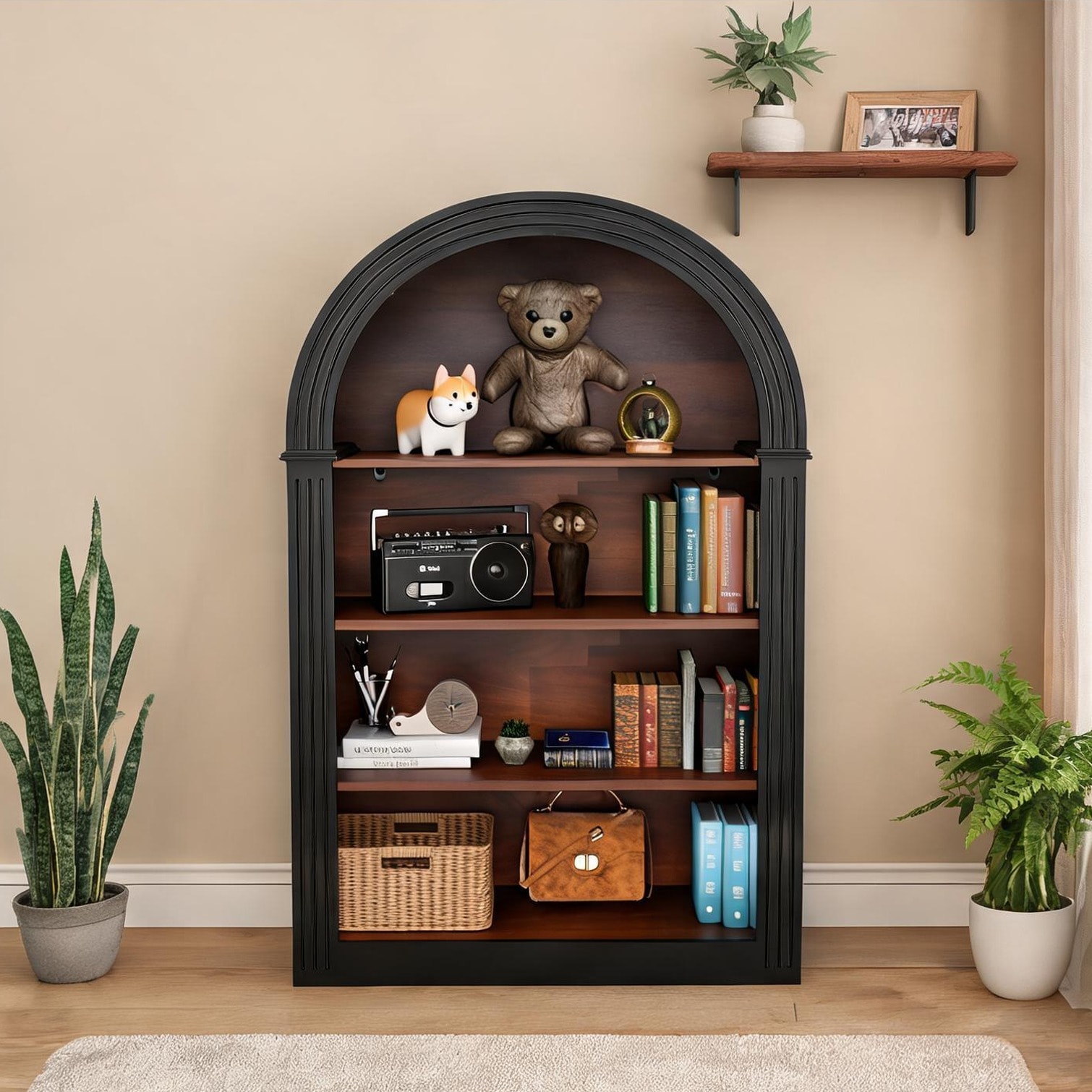 FlowLuxe MDF Arched Bookcase in Matte Black 45.66 Tall Open Display Shelf for Living Room or Library 32.25 Wide Freestanding Storage Organizer