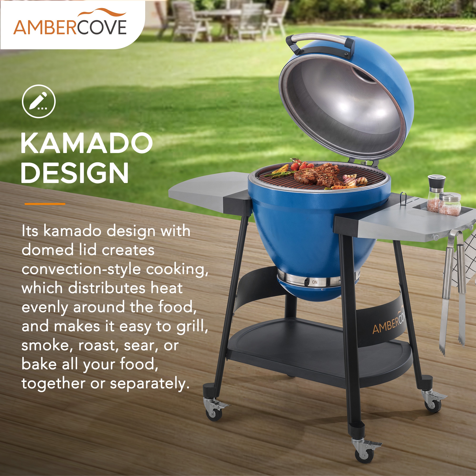 Hanover 19 Ceramic Kamado Grill with Cart, Shelves and Accessory Package,  Desert