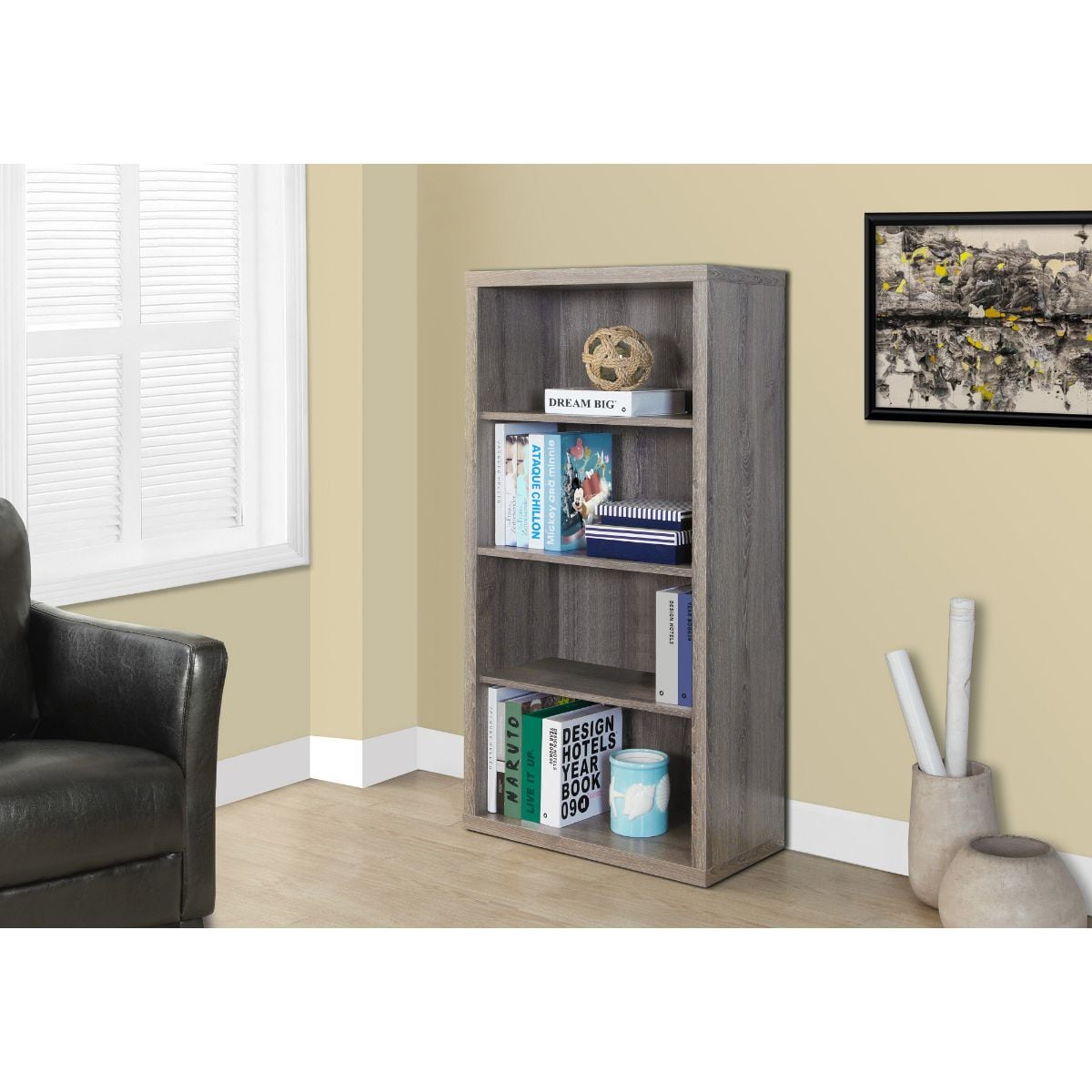 HomeRoots 333358 Jasmine Dark Taupe Recycled Paperboard 3-Shelf Bookcase (12-in W x 47.5-in H x 23.75-in D)