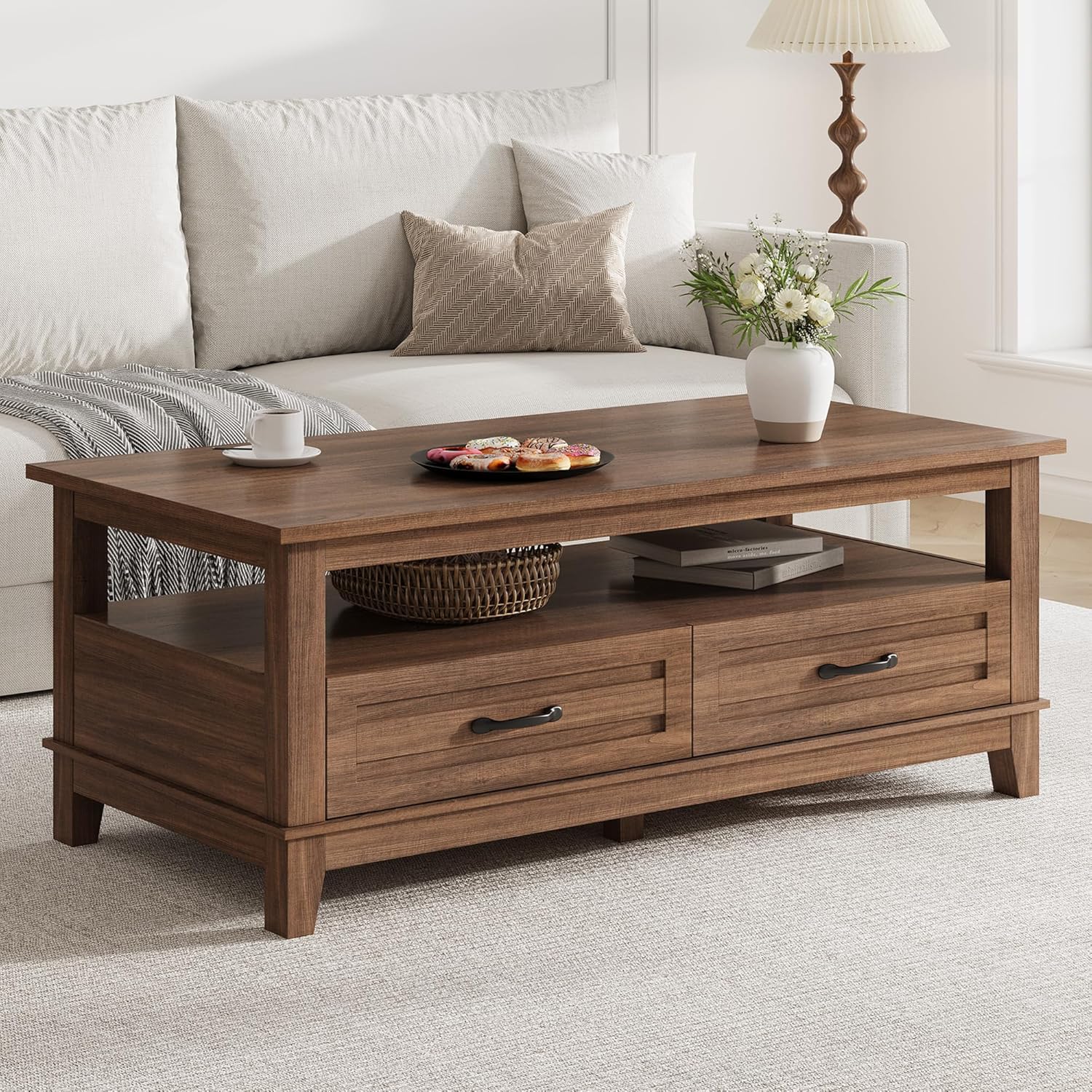 Qeetex LHF-BZ-PHO-33ETQQ4U 47inch Farmhouse Coffee Table with Drawers Rustic Coffee Table Wood Center Table Easy Assembly Living Room Table for Office Parlor Reading Room - Brown