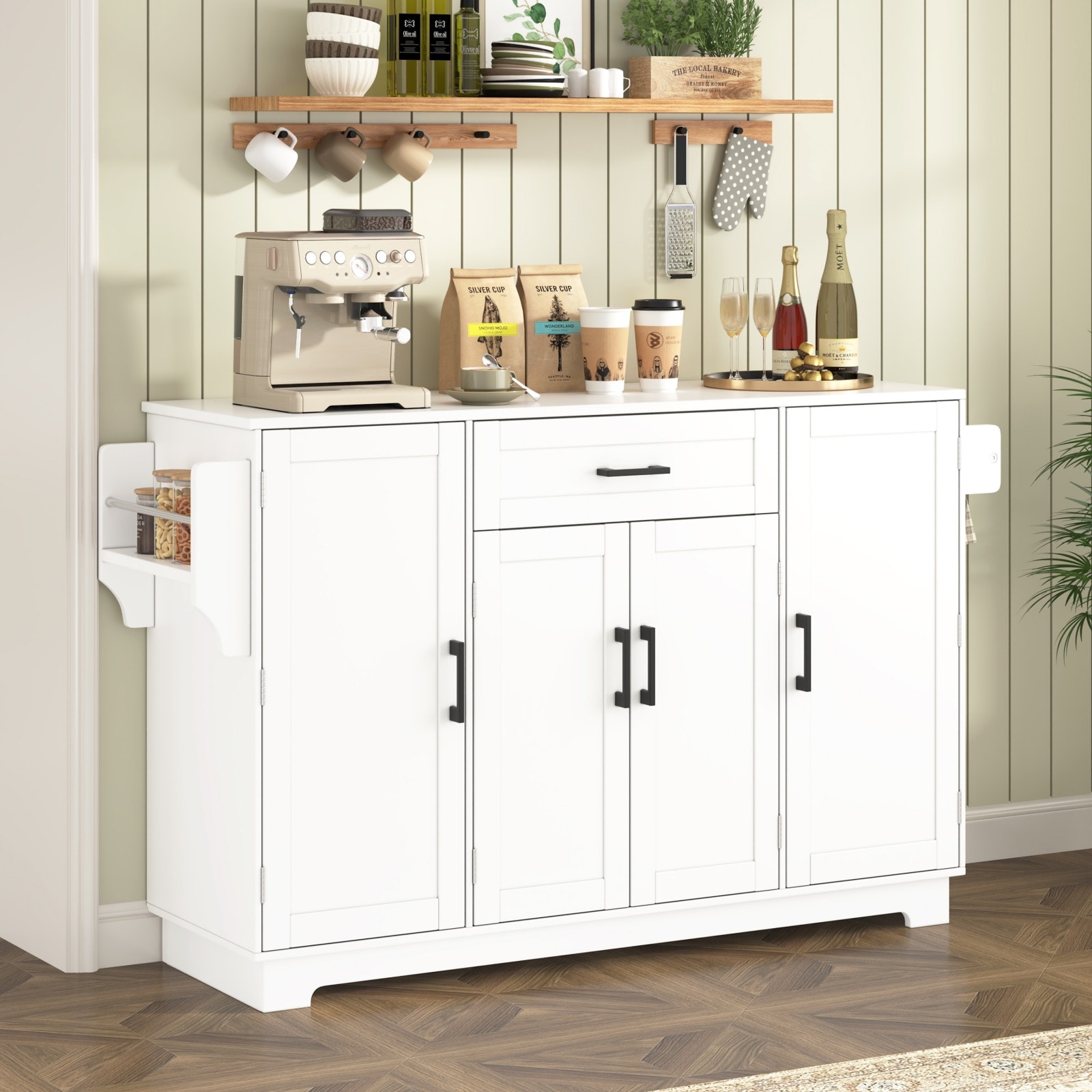 GlasFlength  54.3 Inch Sideboard Buffet Cabinet with 4 Doors 1 Drawer Adjustable Shelves and Hanging Rod Ample Storage Space for Dining Room and Kitchen Black