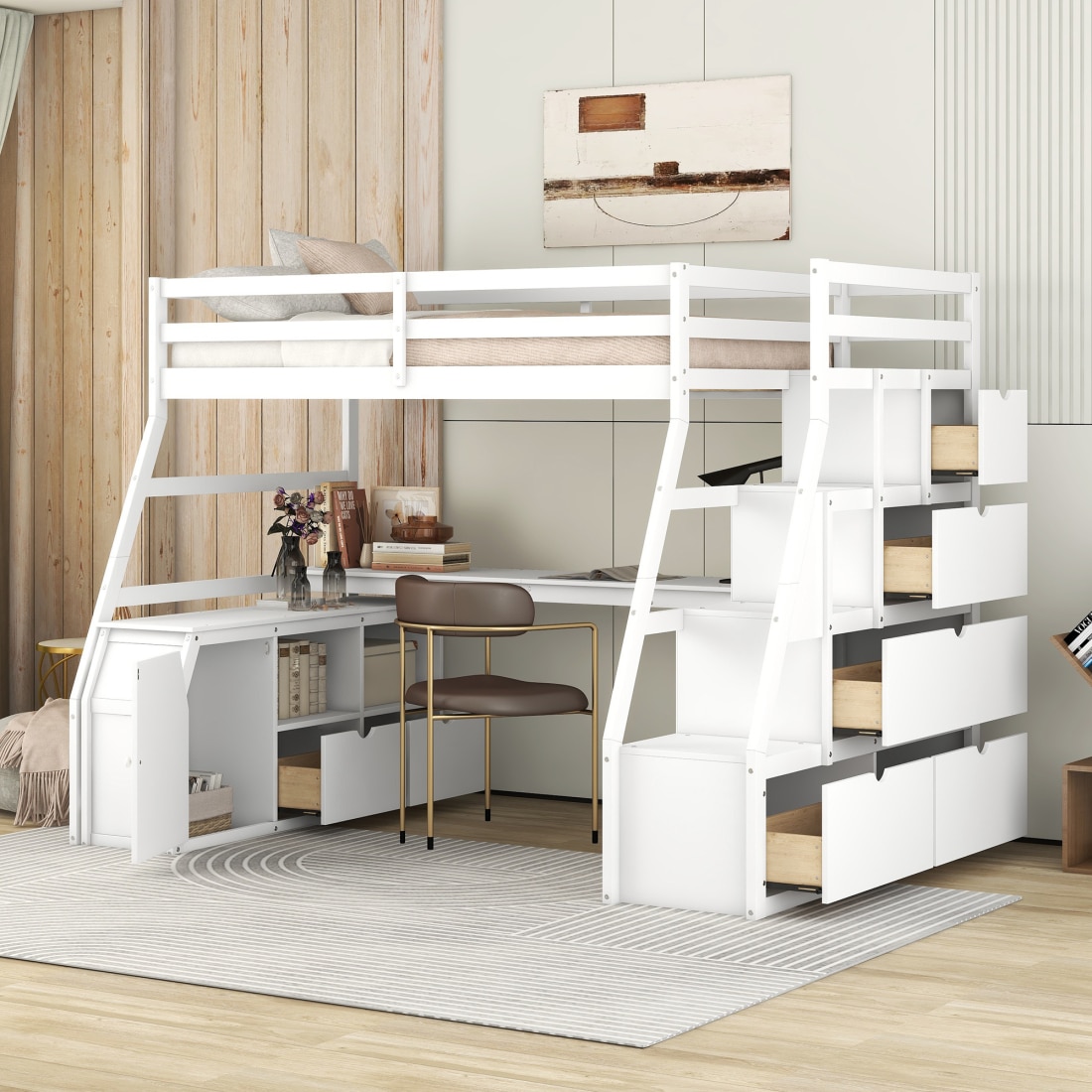CHITA Twin Size Wooden Loft Bed with Built In Desk Drawers Shelves Built In Storage White