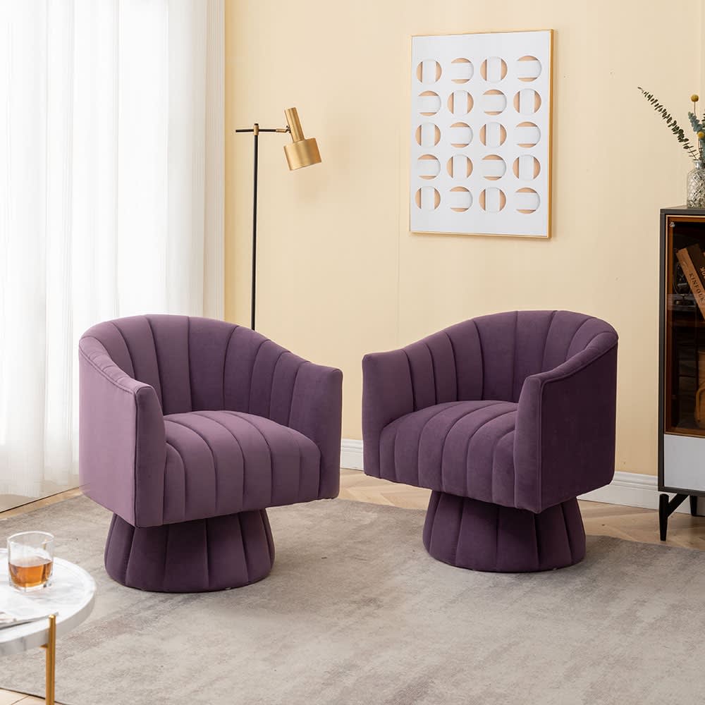 SEYNAR XY570-PURPLE-S2 Modern Glam Velvet Upholstered Round 360 Degree Swivel Accent Barrel Chair Set of 2