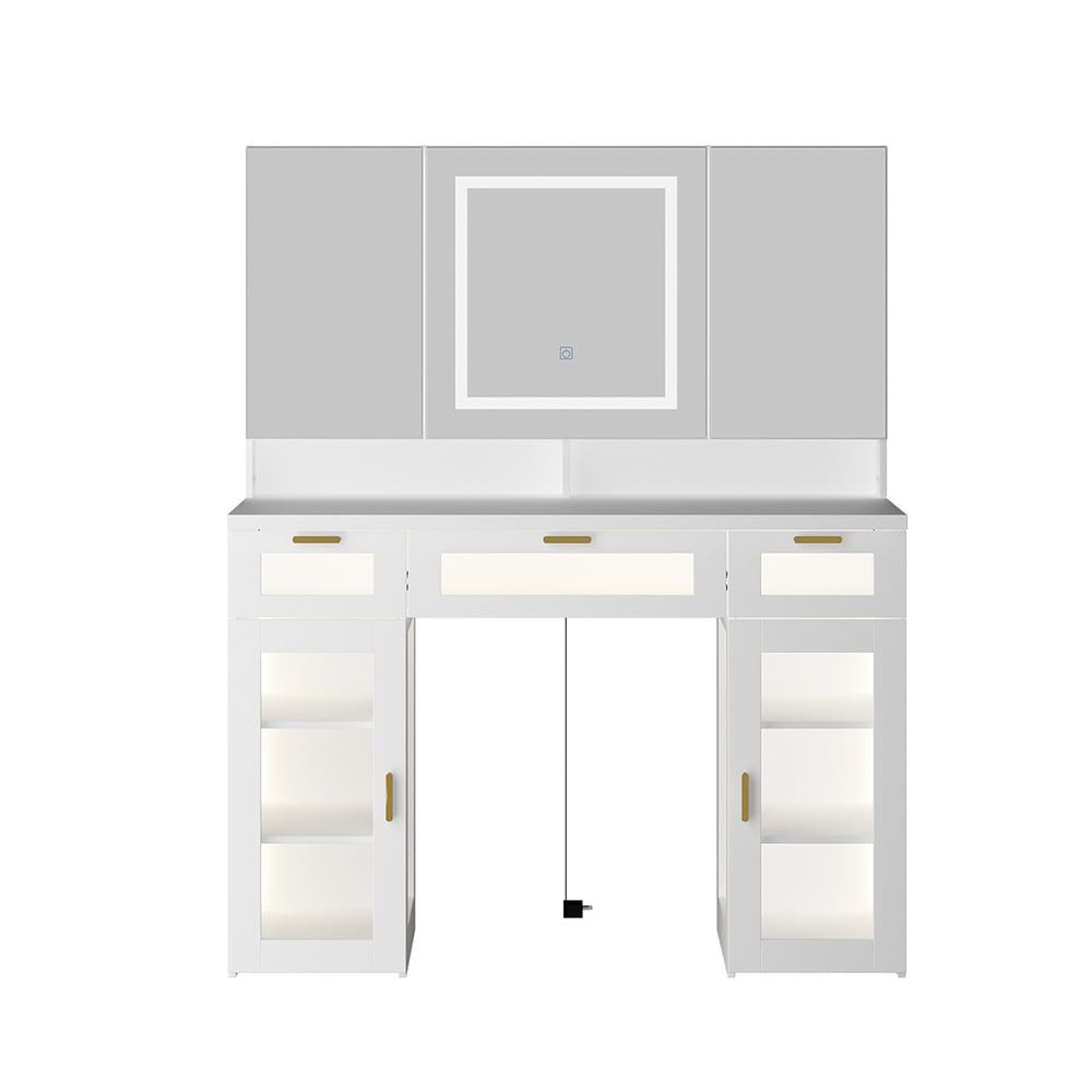  V-KF460029-01 Elegant White Vanity Table with Adjustable LED Lighting and Tri-Fold Mirrors