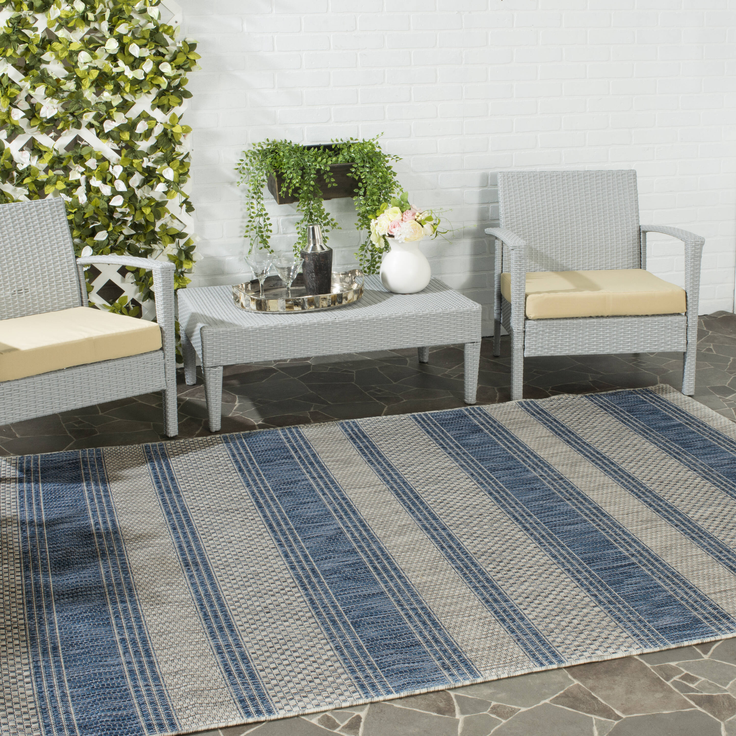 Multicolor Striped Synthetic 4' x 5'7" Indoor/Outdoor Rug