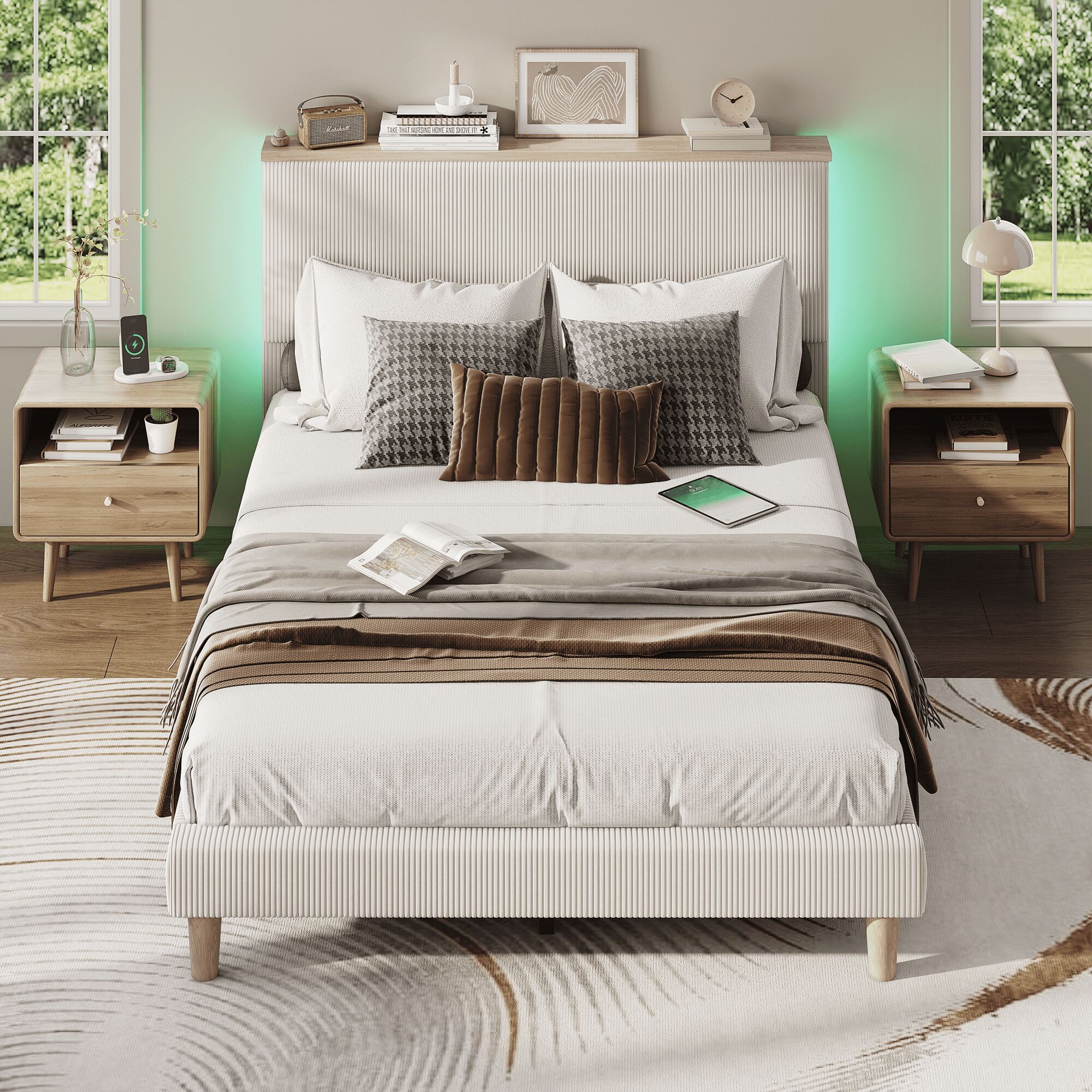 Bestier LOW-B701253C-OWHT 60.51-in W White Bed Frame with Adjustable Headboard and LED Lighting