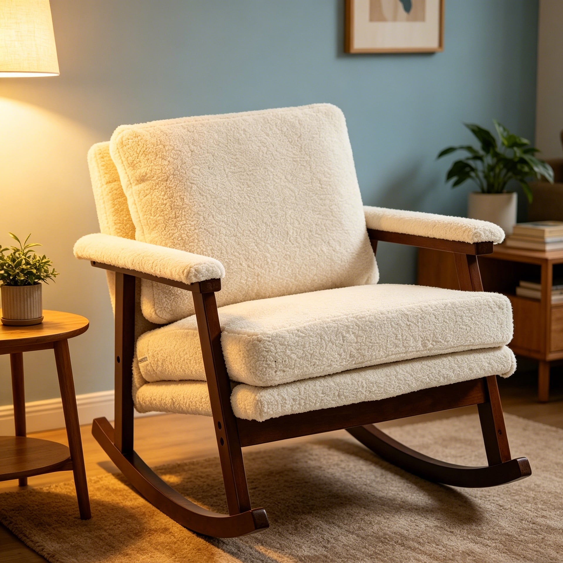Horizons Prime Antique White Velvet Mid Century Modern Accent Rocking Chair with High Density Sponge Cushion and Waist Support