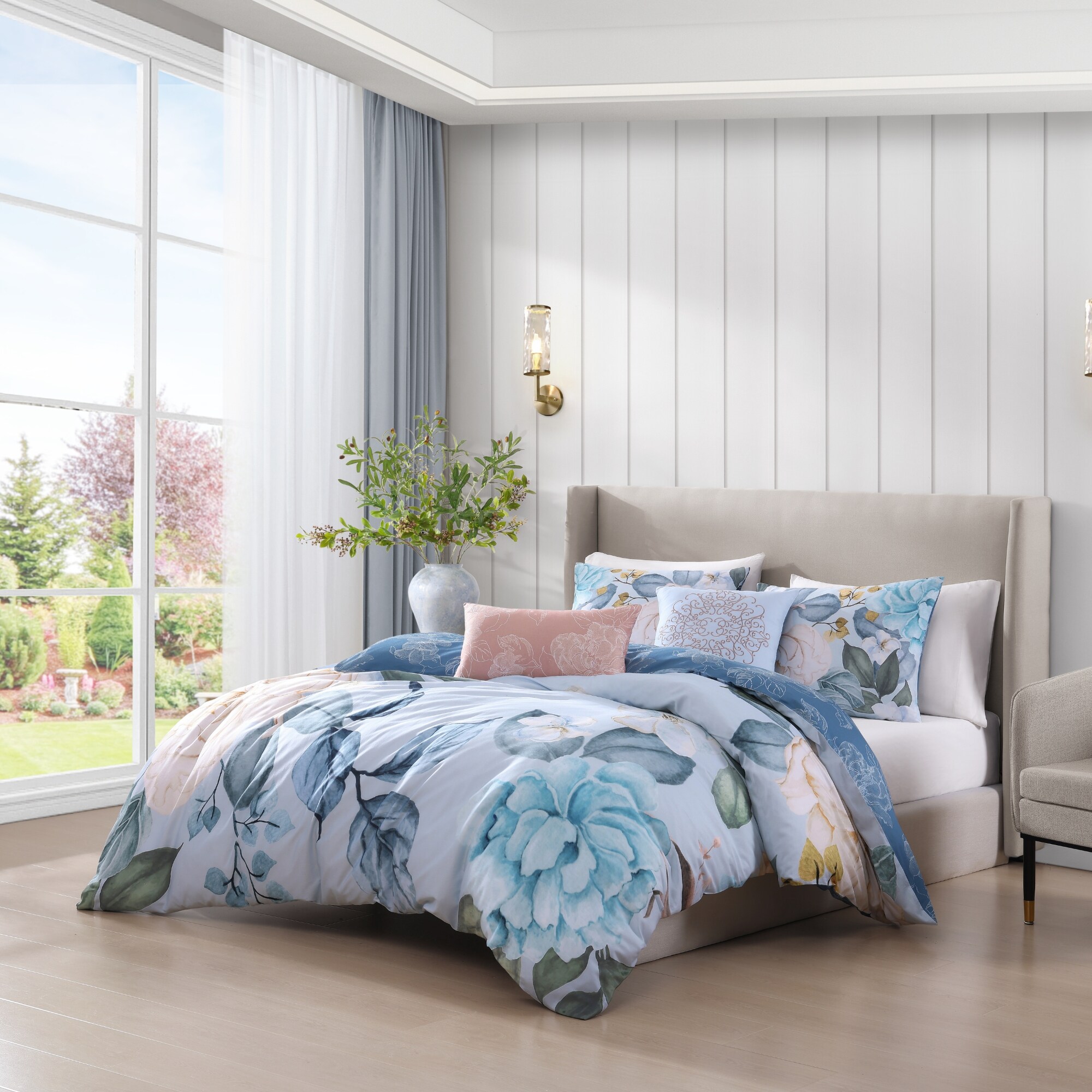 Sky Blue Floral Cotton Queen Reversible Comforter Set