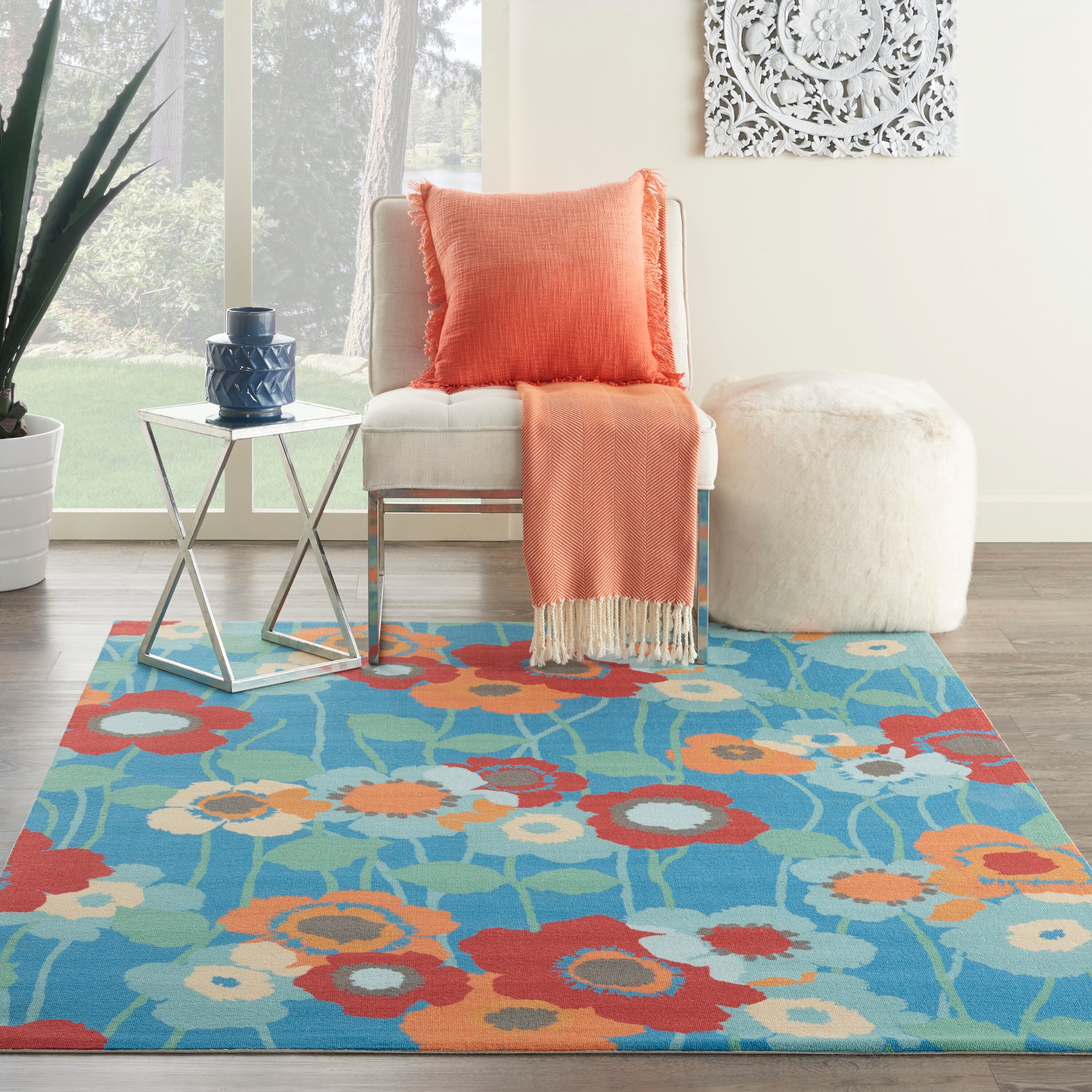 Nourison 99446234285 Sun N' Shade 5 x 7 (ft) Loomed Polyester Blue bell Rectangular Indoor/Outdoor Abstract Area rug