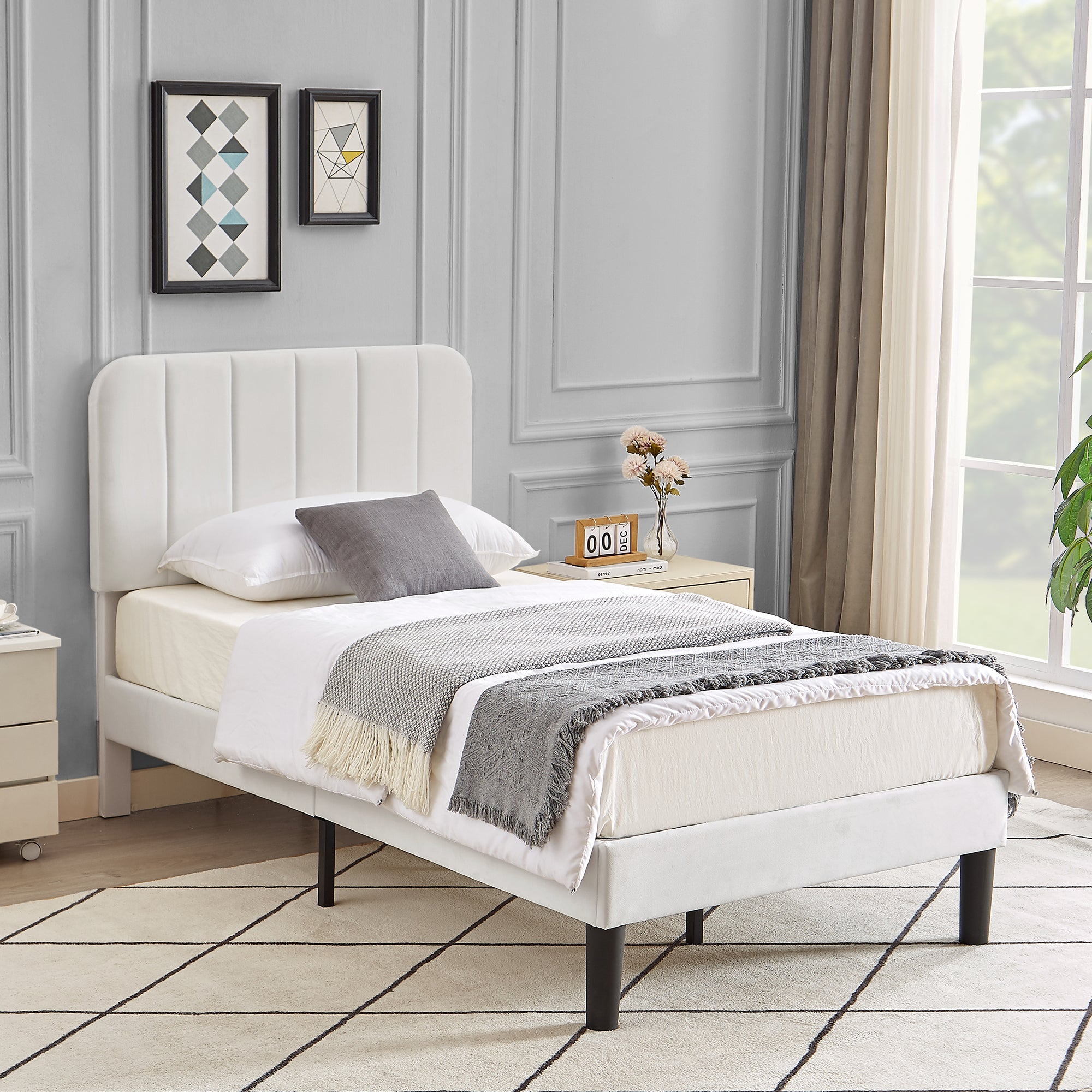 Vecelo LOE-CY-TB01-WHT Twin Size Queen Bed Frame Velvet Upholstered Platform with Adjustable Headboard Wooden Slat White