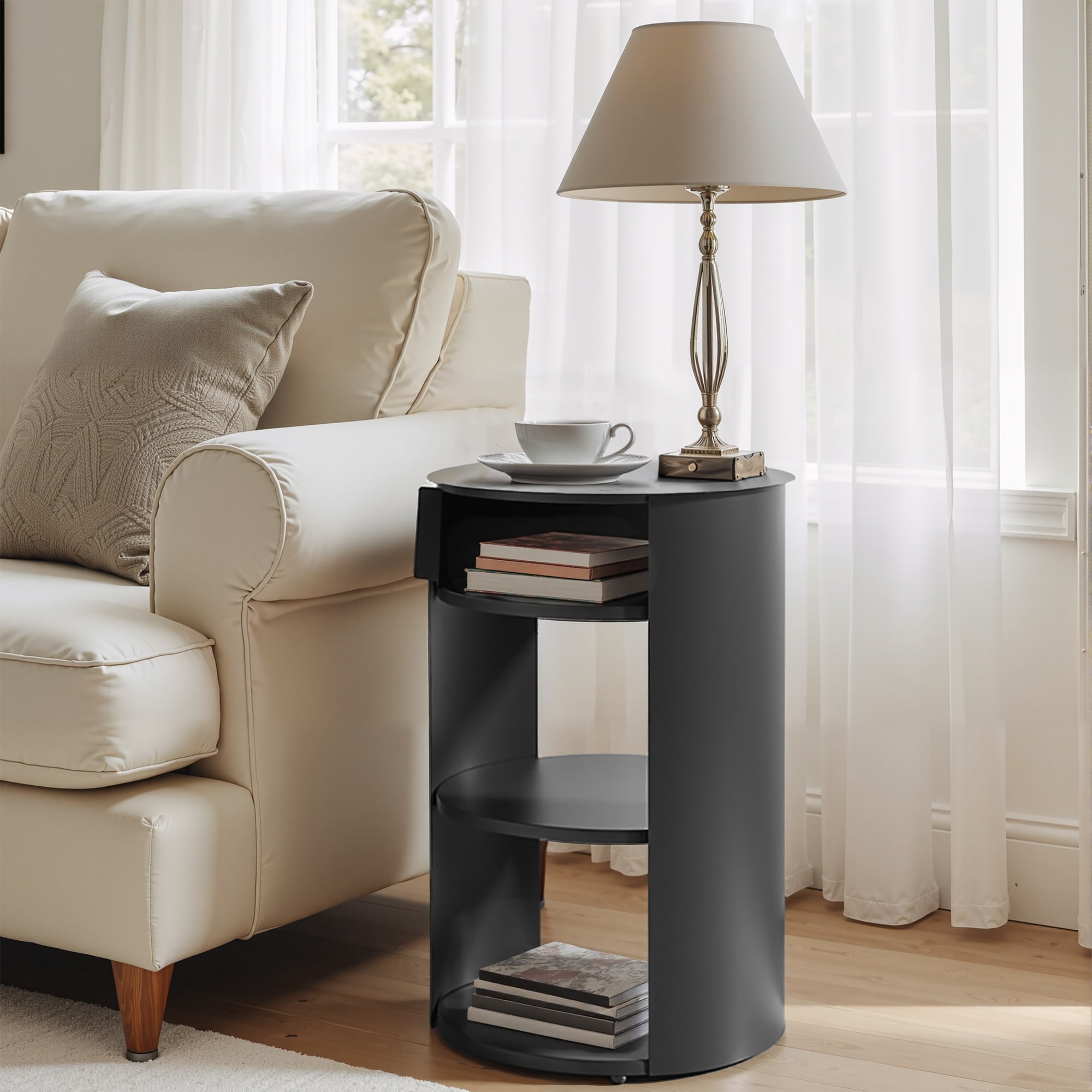 HyperDrop Cart Indoor Matte Black 3-Tier Round Metal Side Table with Sliding Door Cabinet Storage