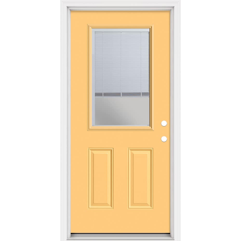 Masonite 321427 Steel Doors Series 36-in x 80-in x 4-9/16-in Steel Half lite Left-hand inswing Cabana Yellow Painted Prehung Front Door with Brickmould Insulating core