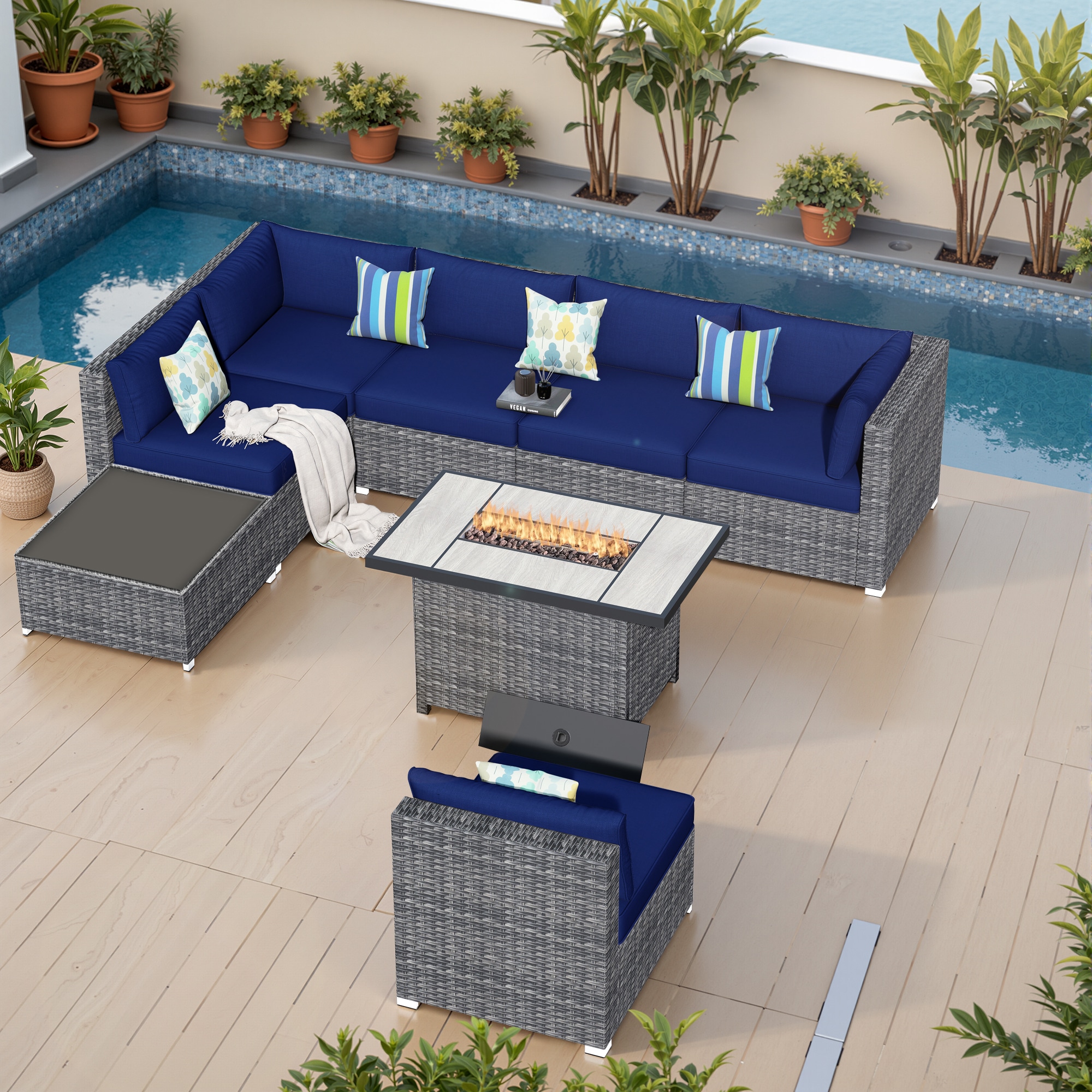 Pouuin SRFPHOP7-7-BOX3 10 -Piece Wicker Patio Sofa Conversation Set with Navy Cushions