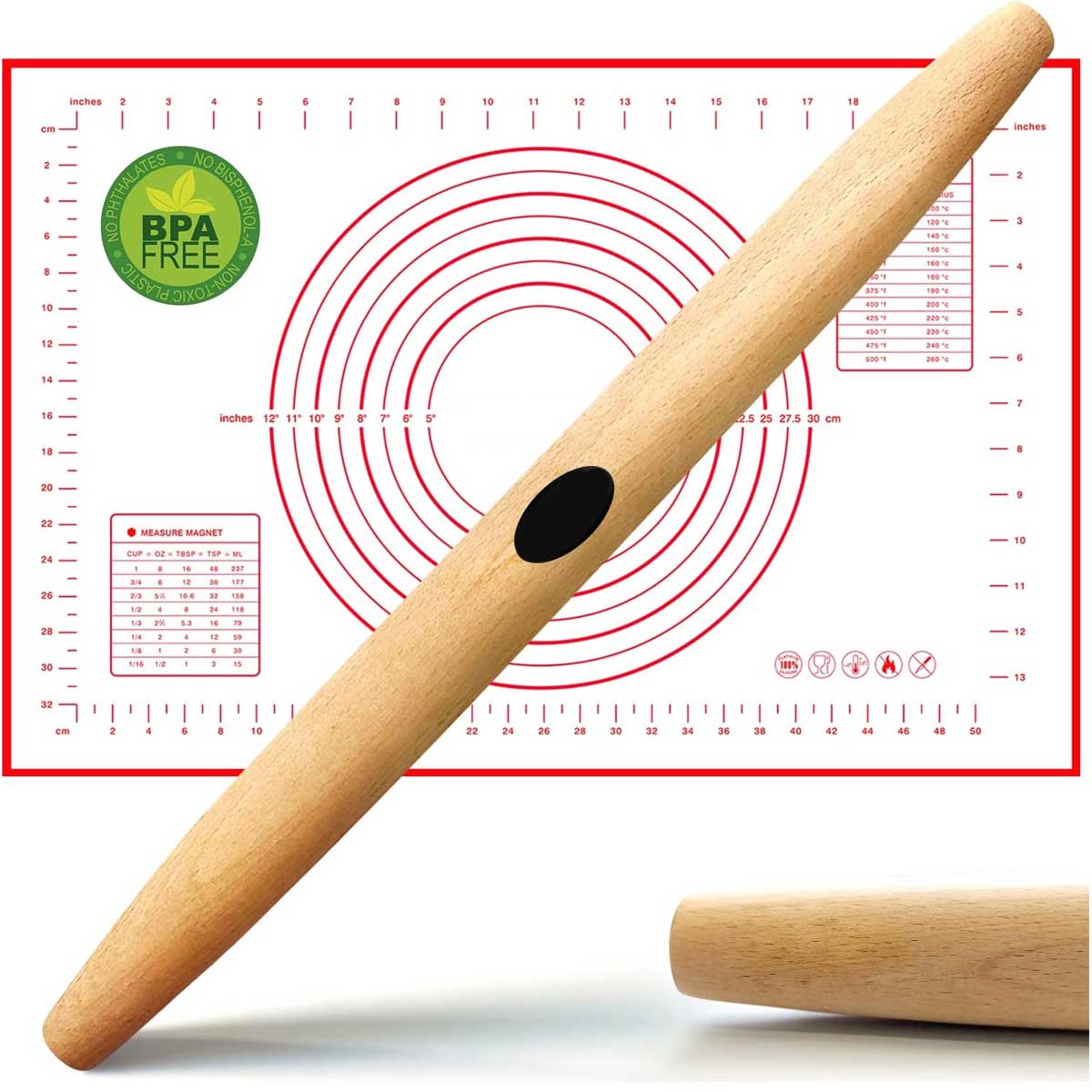Aoibox French Rolling Pin and Silicone Baking Mat Set Non-Stick Beech Wood Rolling Pin 17 Inch and Pastry Mat for Pie Crust Cookie Pasta Pizza Dough #LABRP111132