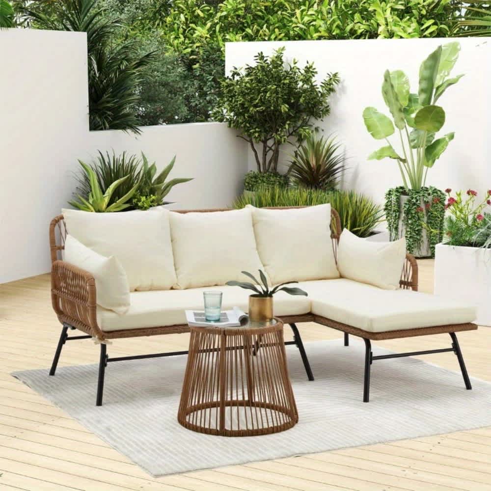 U-HOMY JF-038BG-PL 5 Person Modular Patio Conversation Set with Beige Cushions Interchangeable Sectional Design