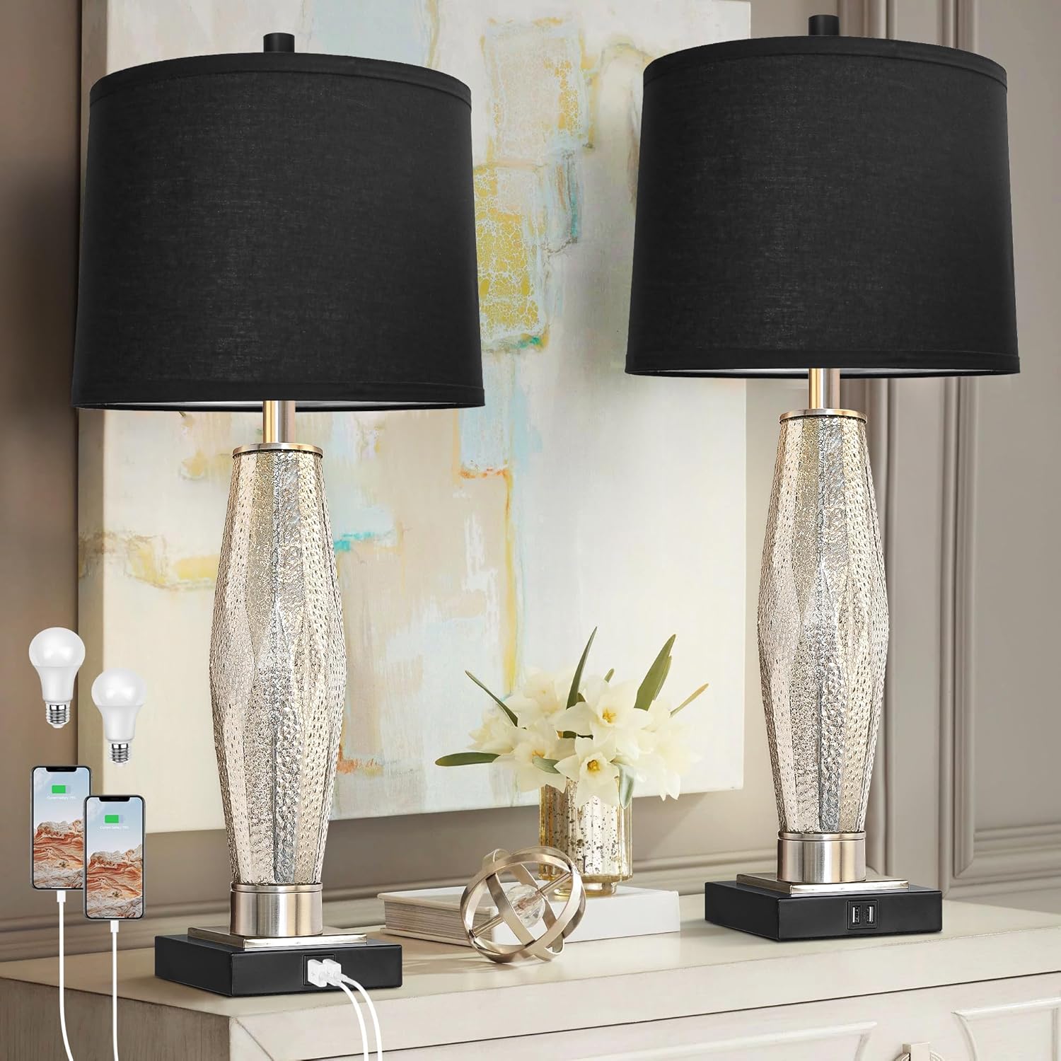 JUSHUA - XJ Lighting Table Lamps Set Of 2 Bedroom Lamp USB A+C Charging Ports Modern Glass Bedsid...