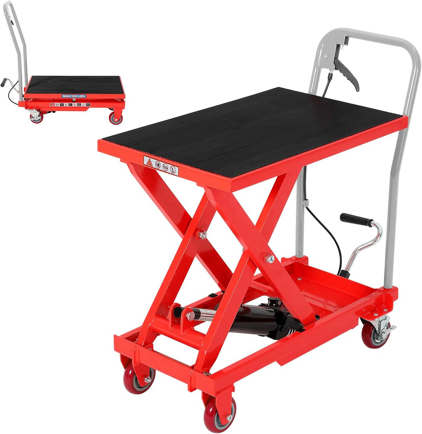 GAOMON Q235 Steel Single Scissor Hydraulic Lift Table Cart 500Lbs Capacity- Red Frame with Gray Handle and Black Non-Slip Platform Mat