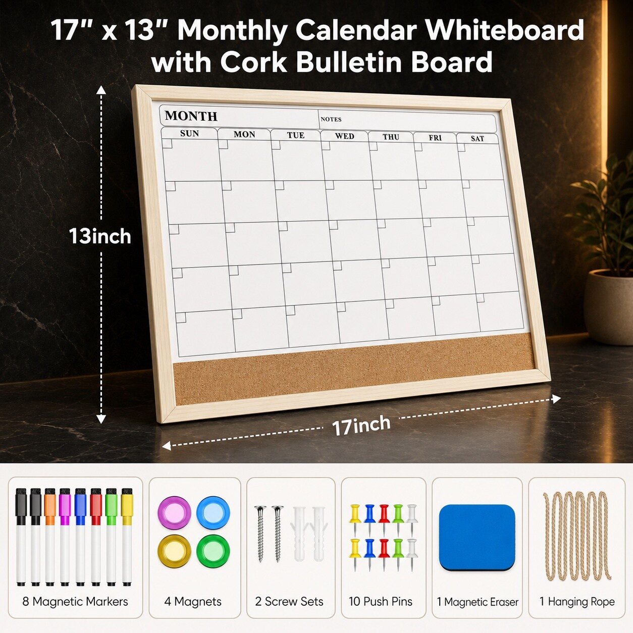Baginizer 17x13 Monthly Calendar Whiteboard Cork Board Double Sided ...