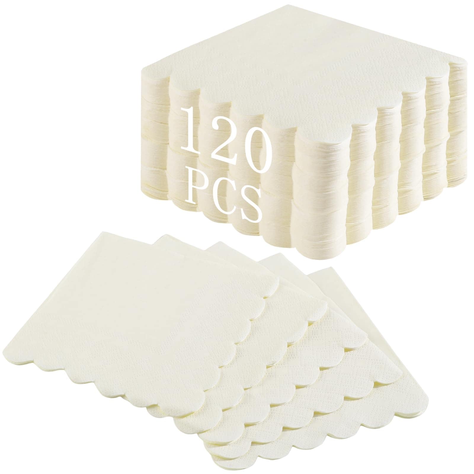 Lukvuzo  120 pcs Ivory Scalloped Cocktail Napkins Beige Disposable Cream Paper Napkins for Baby Shower Wedding Birthday Dessert Beverage Party