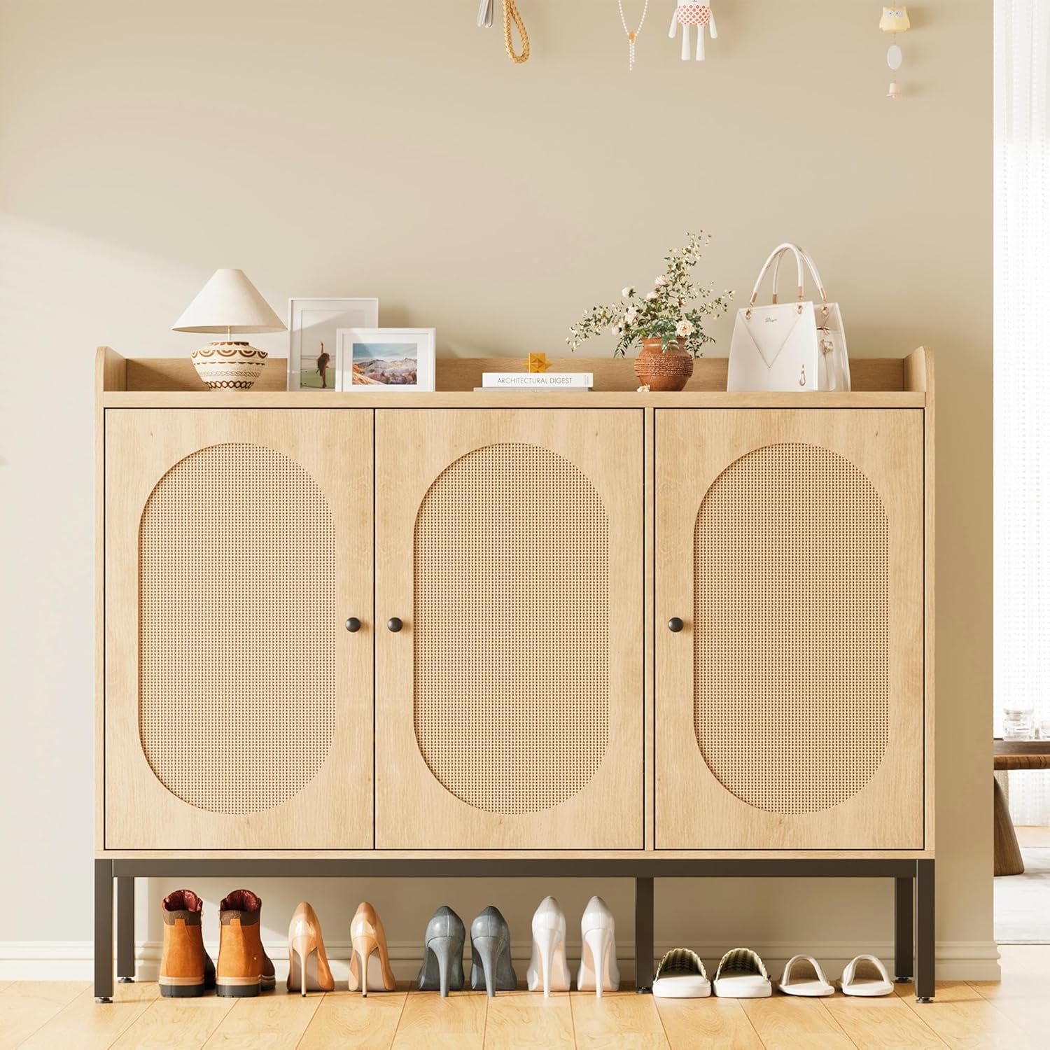 Der Rose PHO_164CVW4W GarveeHome Rattan Shoe Cabinet with 3 Doors  Freestanding Shoe Organizer with Large Storage Space  8 Tier Shoe Cabinet with Adjustable Shelves for Entryway  Hallway  Living Room  Closet