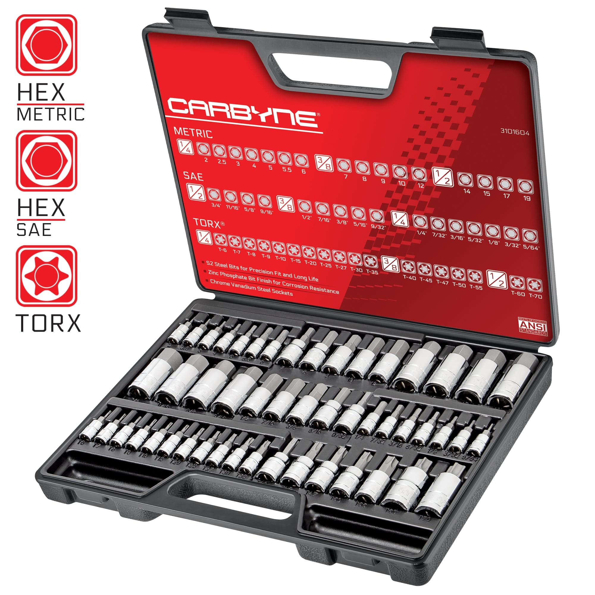 CARBYNE  50 -Piece Master Torx SAE and Metric Hex Bit Socket Set S2 Steel CrV Sockets in 1/4 in 3/8 in and 1/2 in Drive