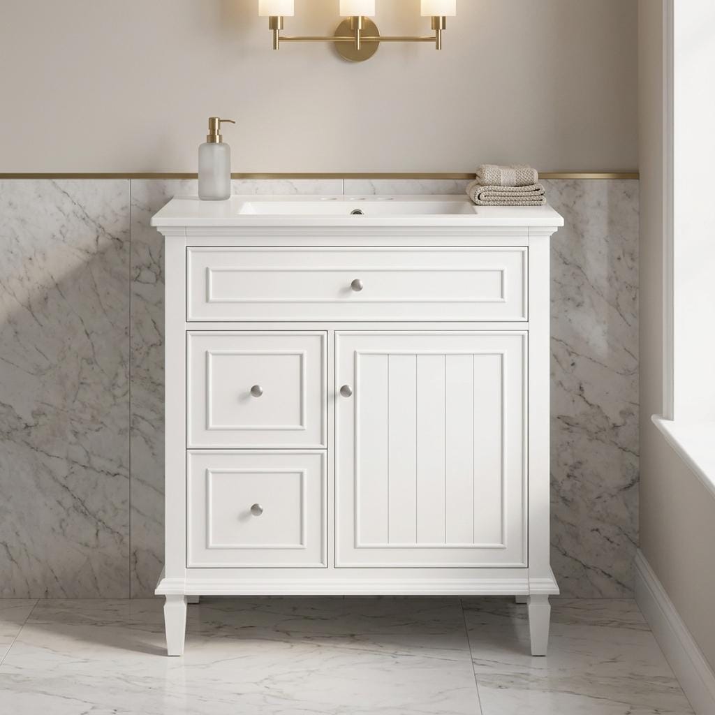 Homy Casa 29.3-in W White Vanity with Soft Close Drawers Flip Drawer Adjustable Shelf Open-Back Design