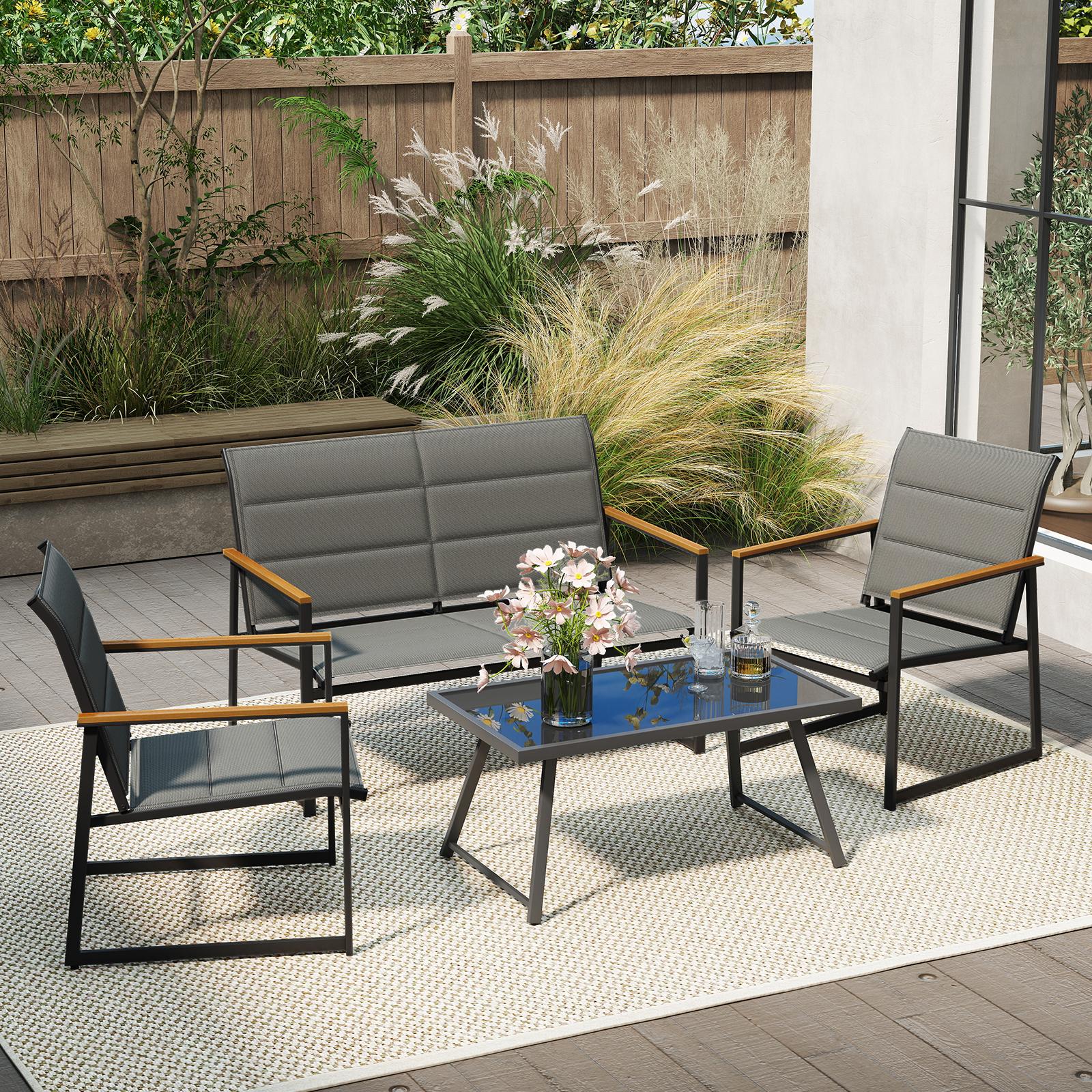 BABOOM BMMP-2218GR 4-Piece Outdoor Patio Furniture Set with Cushioned Loveseat Chairs and Glass Coffee Table