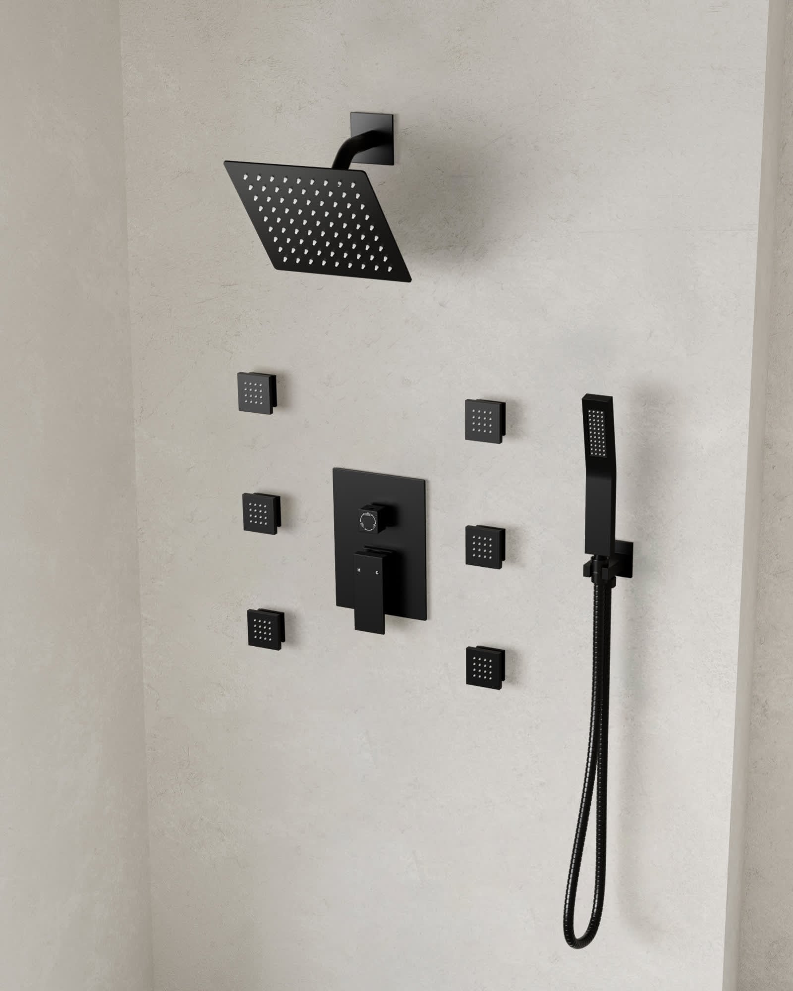 EVERSTEIN SFS-1037-BK10 3-Spray Wall Mount Dual Shower Head and Handheld Shower with 6-Jets in Matte Black (Valve Included)