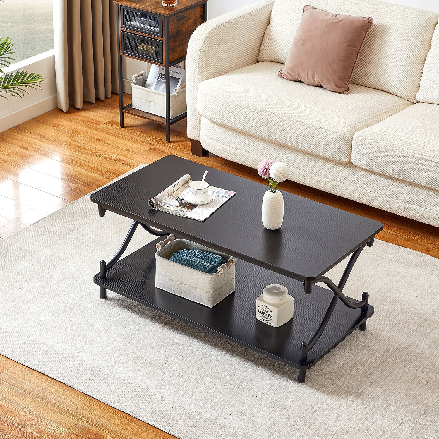 Vecelo LOE-MX-CT04-BLK Rectangle Coffee Table with Storage and Open Shelves for Living Room
