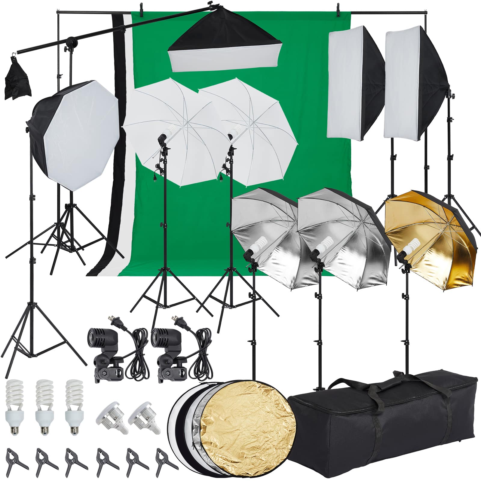 Qeetex CJ-PHO-0XWNU6W6 Photography Lighting kit with Backdrops 8x10ft Backdrop Stands 5 Tripod Stands  Bulb Umbrella Softbox Continuous Lighting Photo Studio Equipment for Photo Video Shoot
