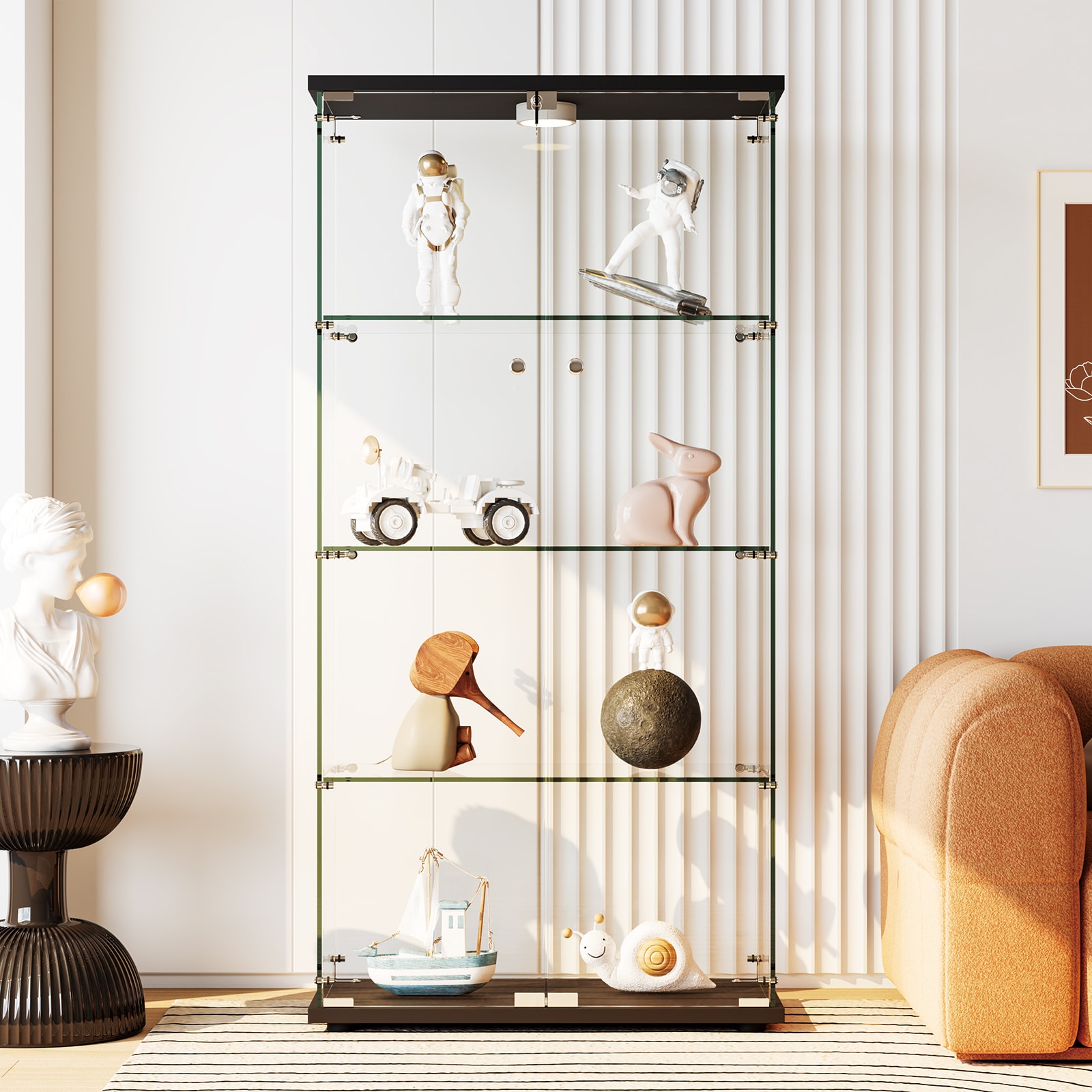 Garvee Glass Display Cabinet with LED Light 4 Shelves and Lock 2 Door Curio Cabinets for Living Room Bedroom Office 64 x 31.7 x 14.3 in - Black