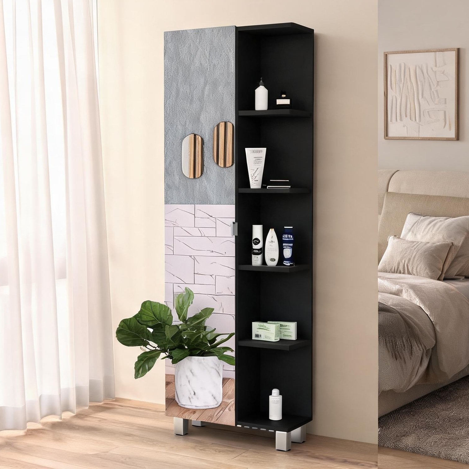 SunJet Bathroom Linen Cabinet with Mirrored Door Jet Black Engineered ...